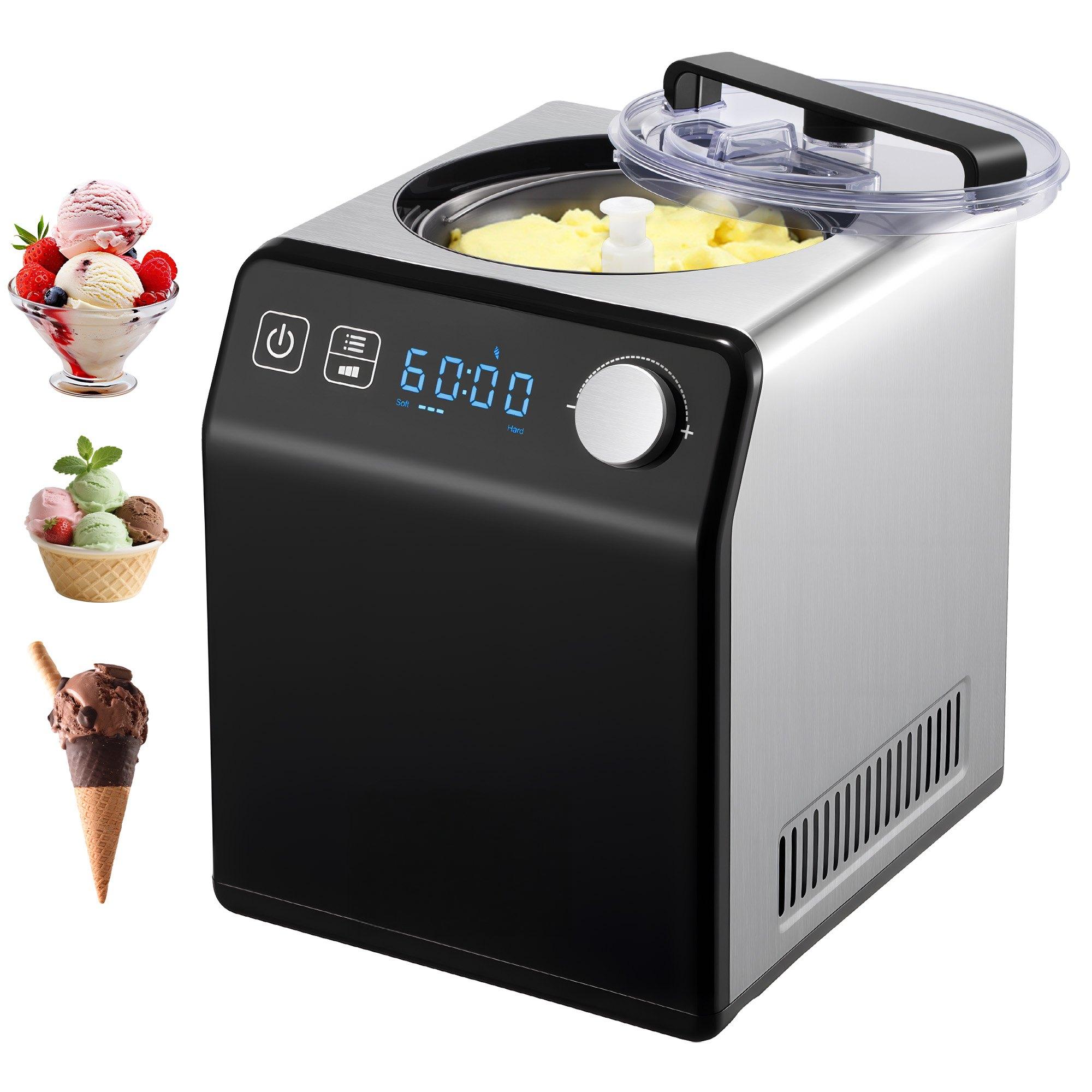 Mecale YAS-LCL1YY SUS430 Stainless Steel 180W Automatic Home Ice Cream Maker 2-Quart No Pre-Freeze with 4-Mode Digital Display and Timer Silver