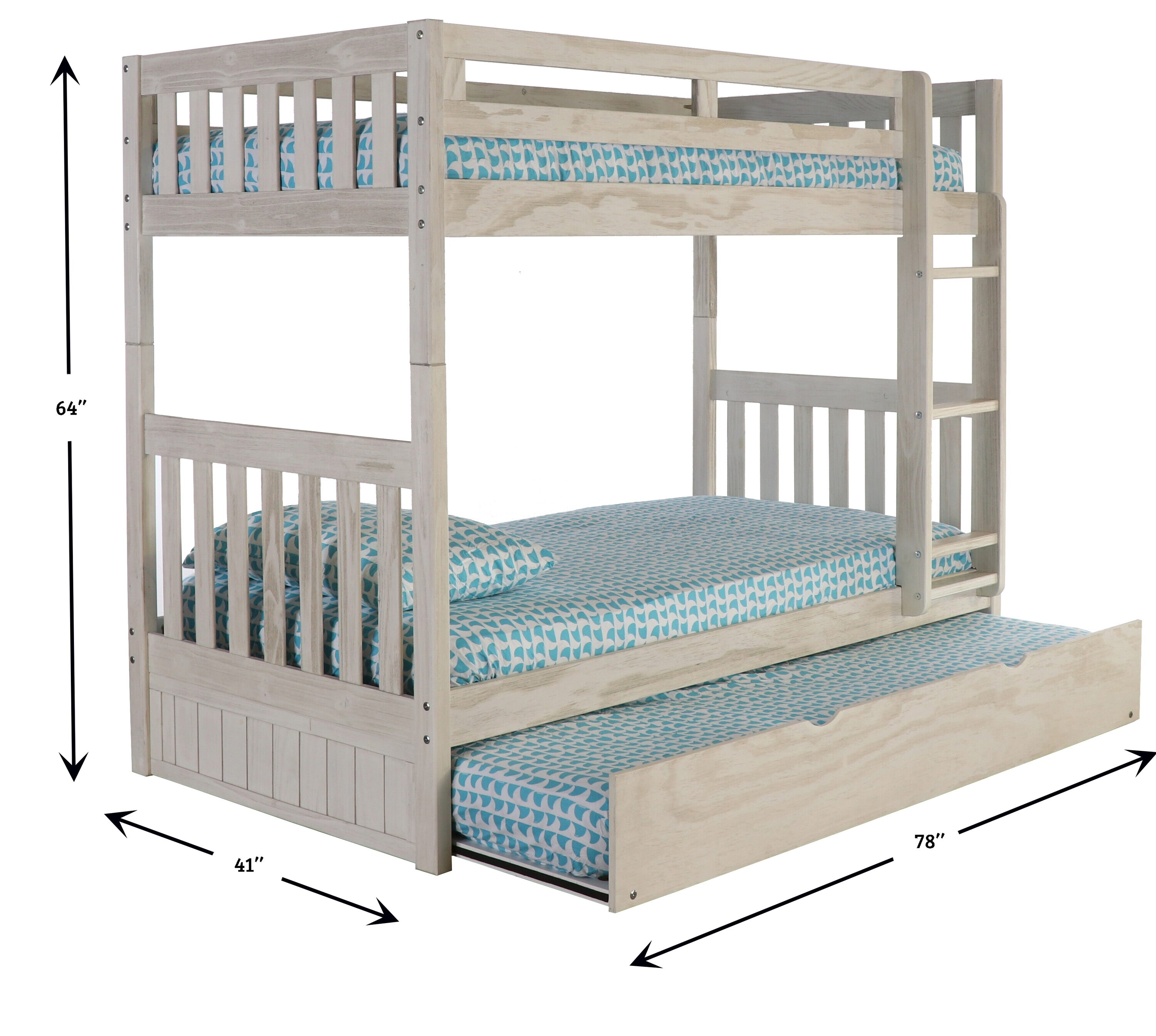 Light Ash Pine Twin Bunk Bed with Trundle and Storage
