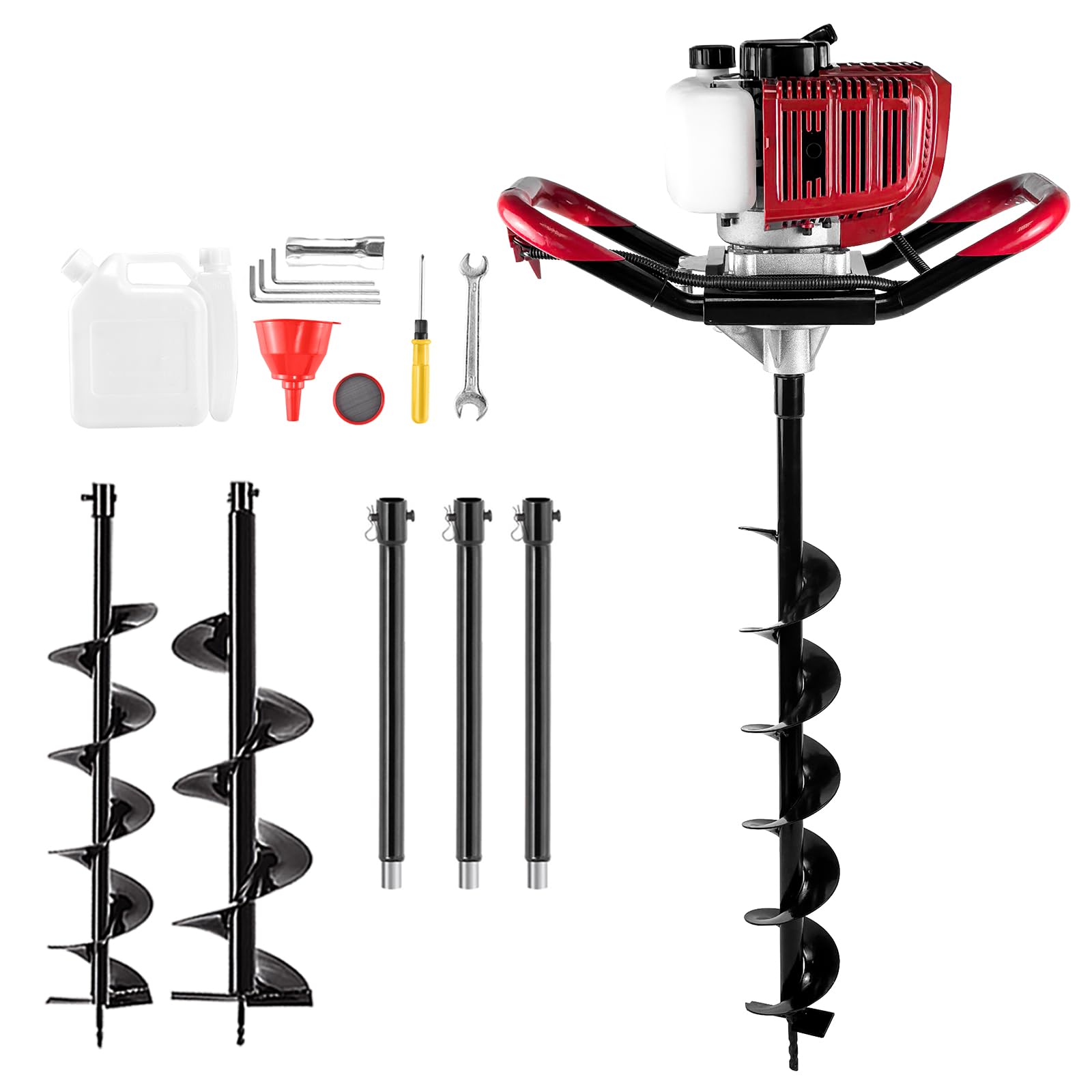 Etokfoks  52cc gas powered earth auger post hole digger with 4 inch 6 inch and 8 inch alloy bits and three 10 inch extension rods set