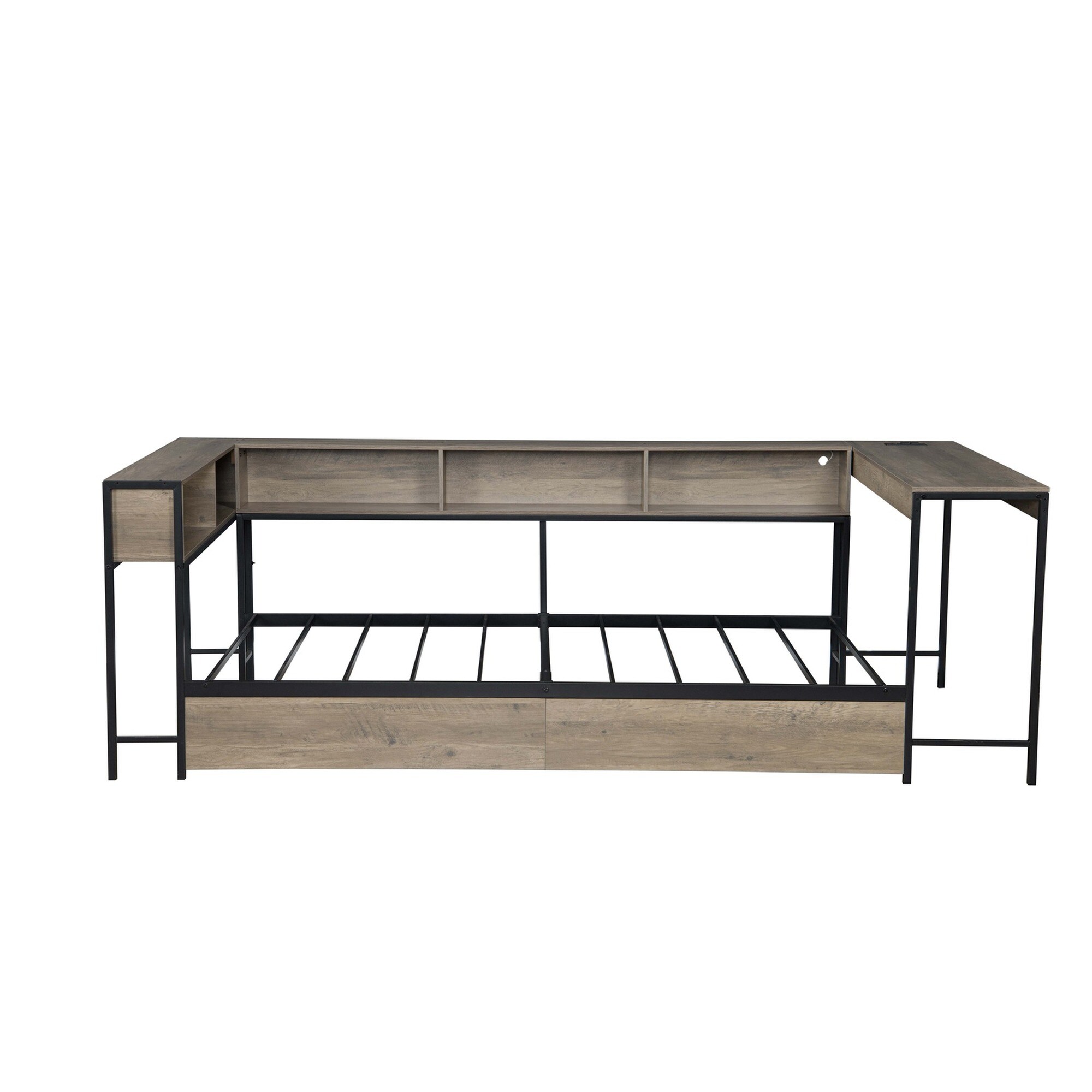 UOI Full Size Grey Corner Bed Frame with Bookcase and 2 Underbed Storage Drawers with LED Light and Charging Station