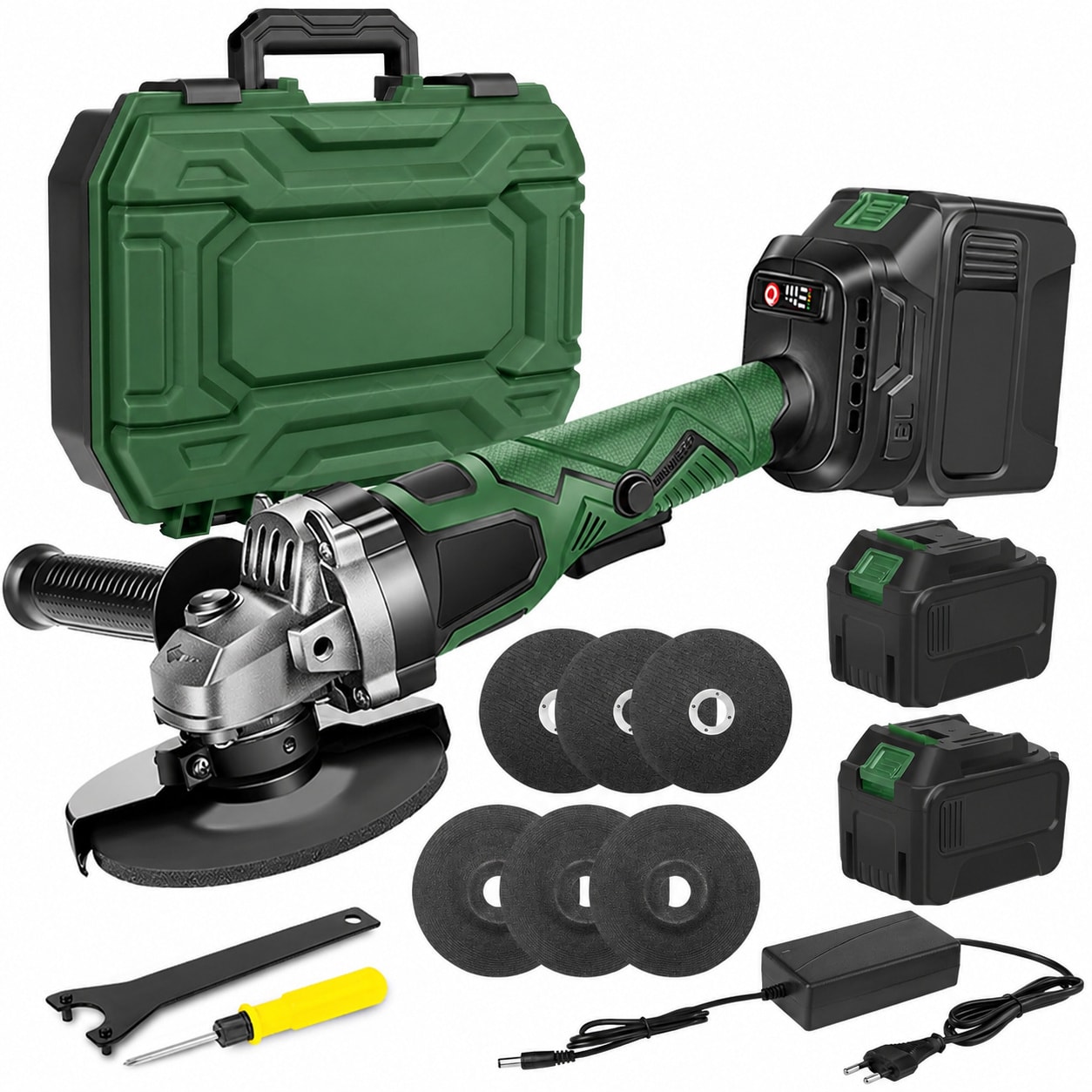 Avid Power Cordless Brushless Angle Grinder 21V Rechargeable with Battery Charger and Accessories