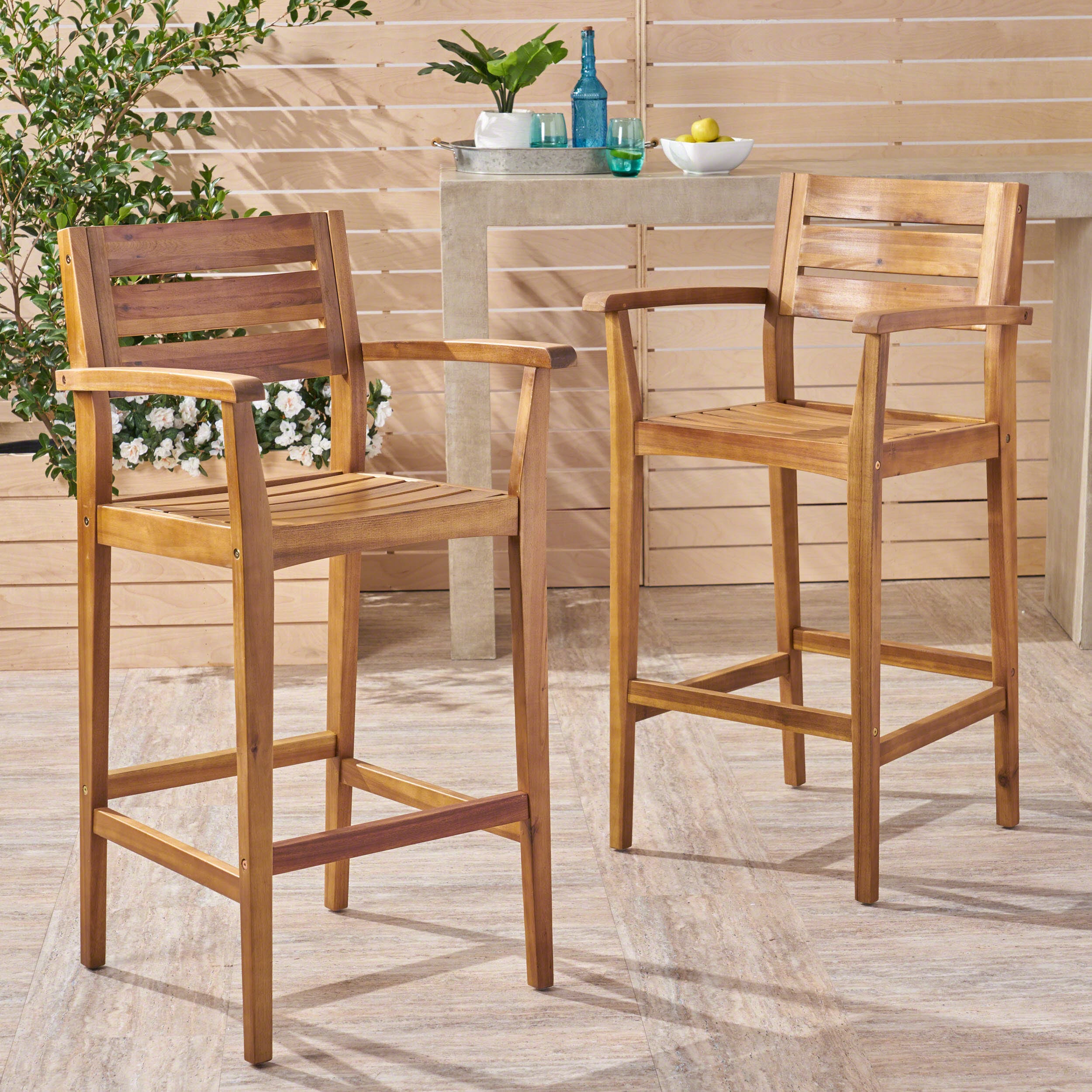 Best Selling Home Decor 305813 Stamford Set of 2 Stackable Teak Wood Frame Stationary Bar Stool Chair with Solid Seat