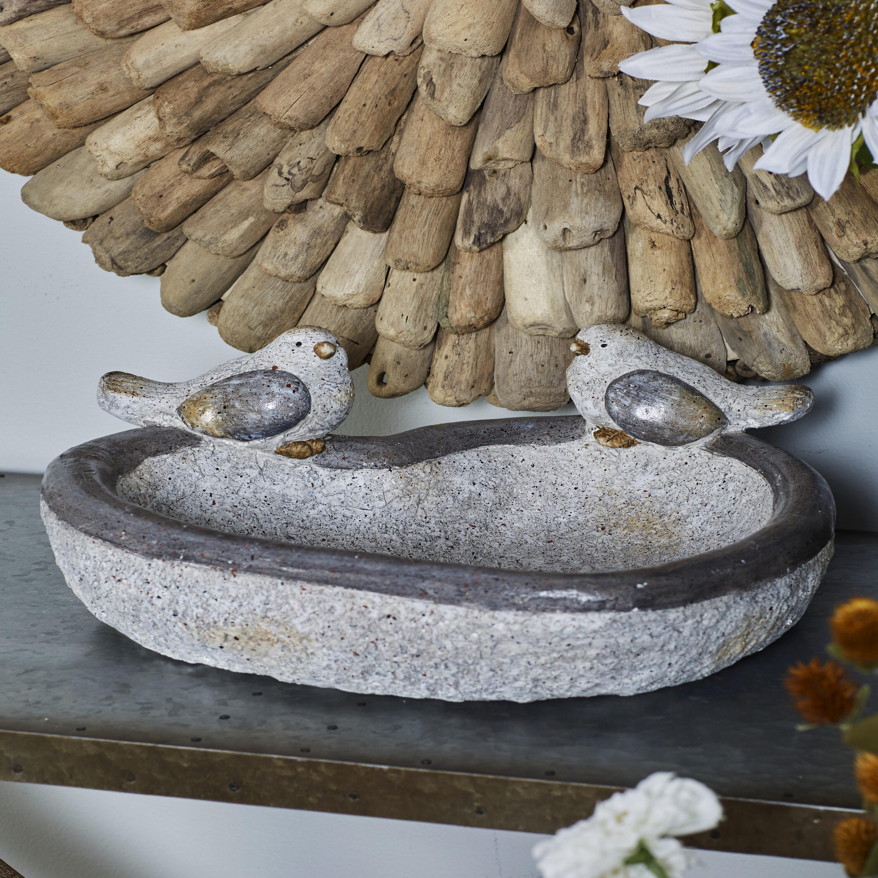 Gray Polystone Bird Garden Sculpture with Bath Bowl