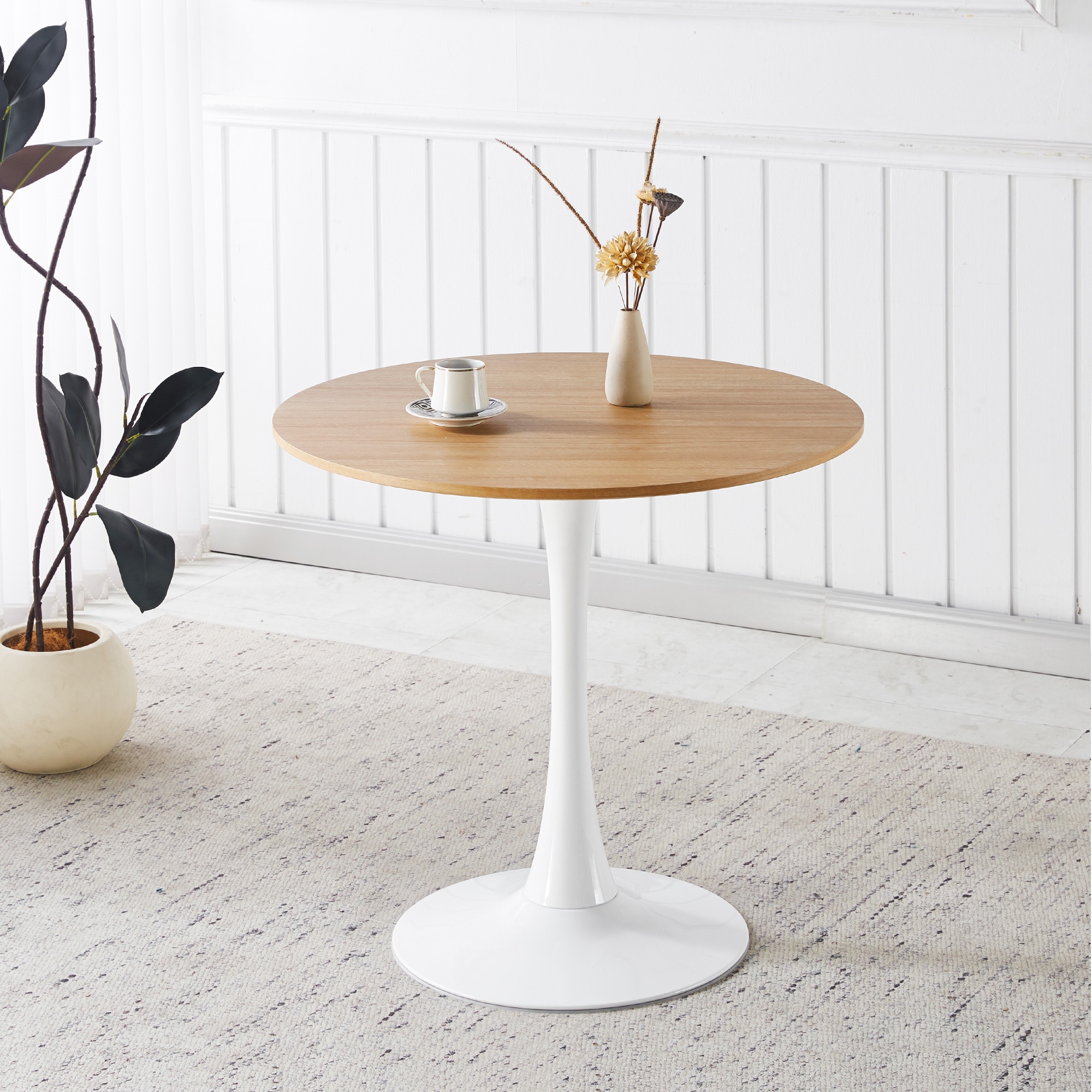 Huluwat - Oak Color Top Tulip Table Mid-century Dining Table for 2-4 People With Round MDF Table ...