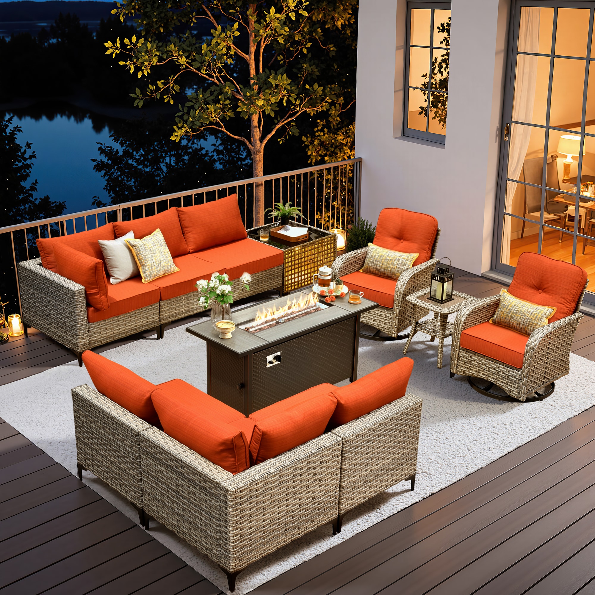 Pouuin SRFPYZSKT80 Wicker Outdoor Sectional with Orange Cushions and Steel Frame