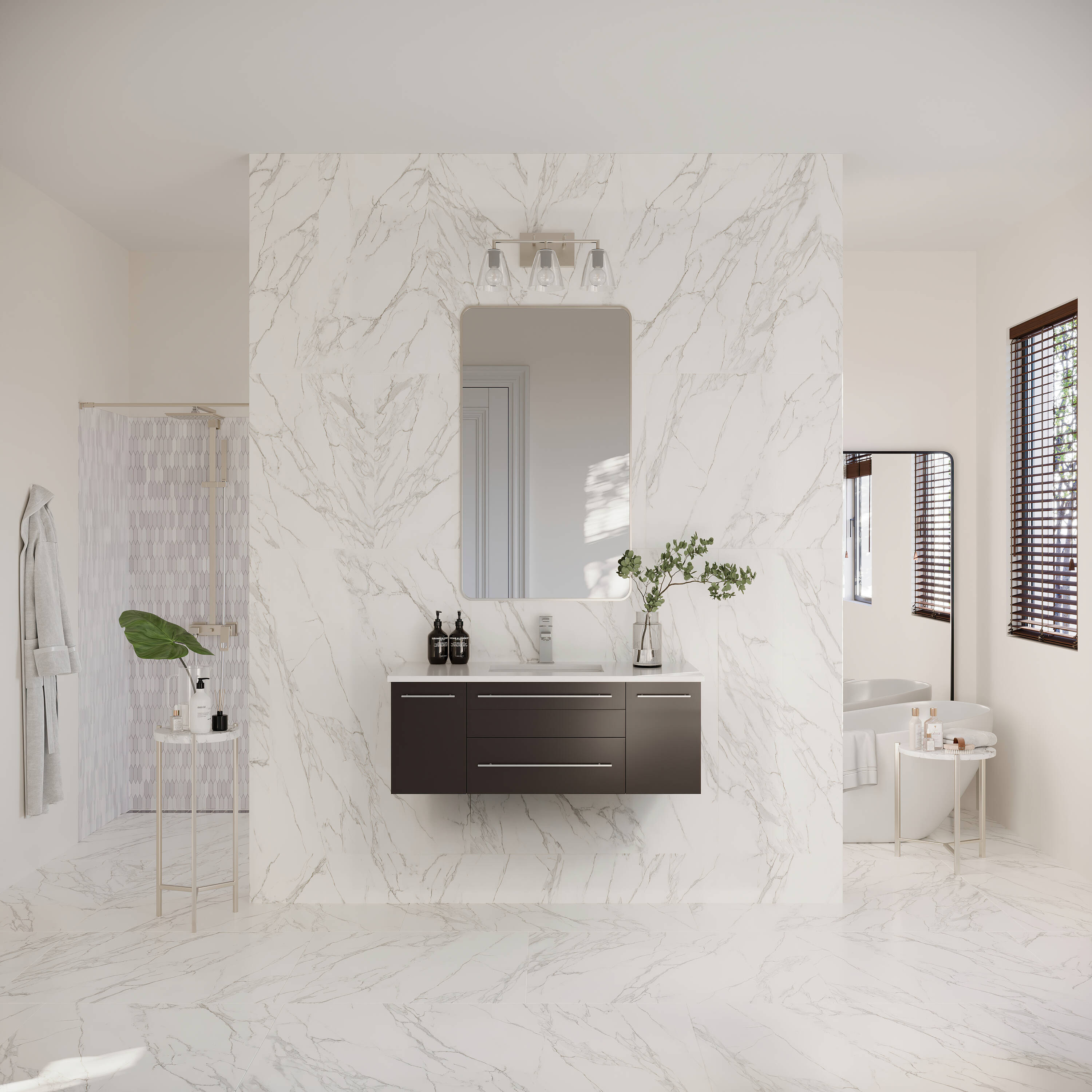 Espresso Solid Wood Wall Mount Vanity with Quartz Top and Ceramic Sink