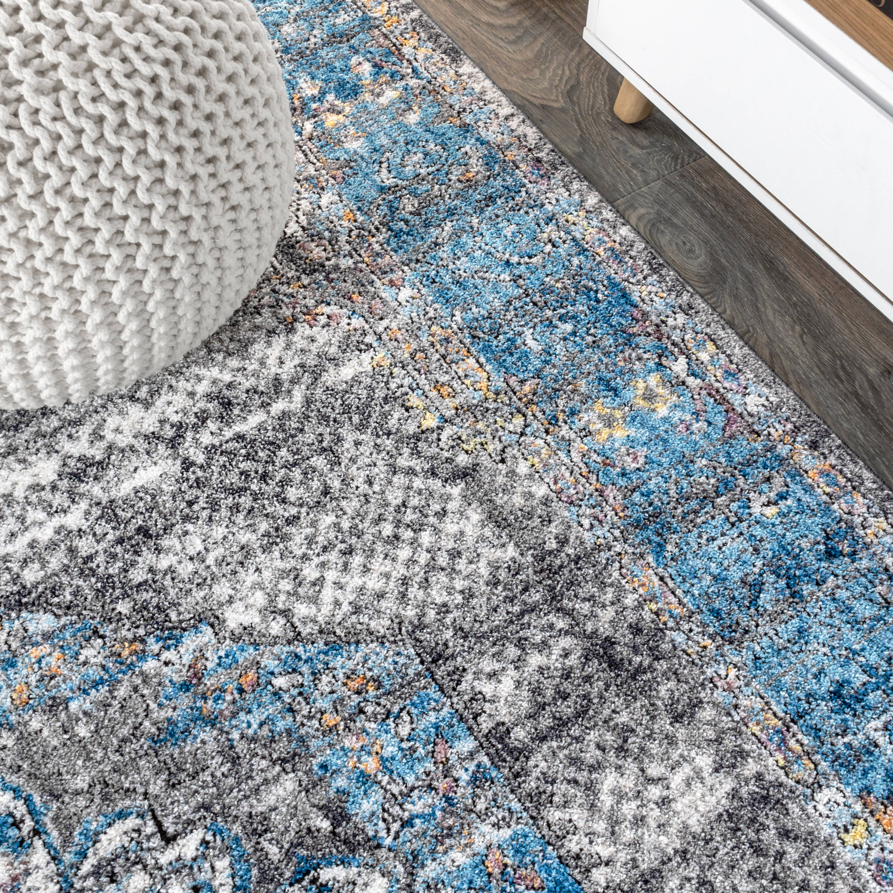 Anatolia Medallion Peacock Blue and Gray Easy-Care Area Rug
