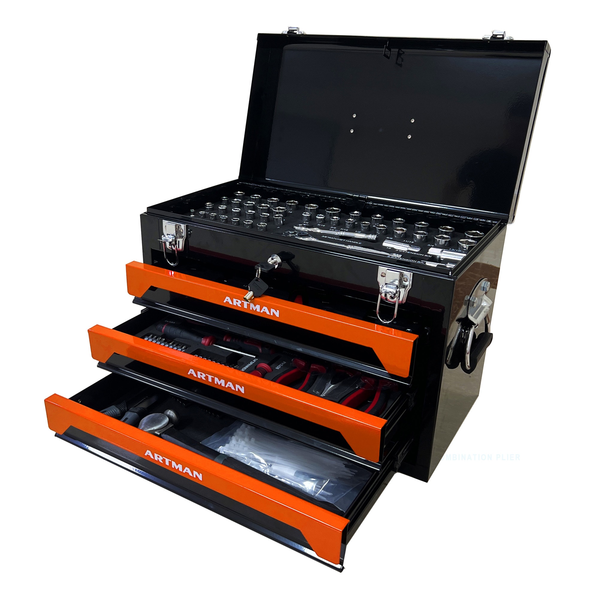 Wooakway 20 in Portable 3-Drawer Steel Toolbox 4 Layers of Tools with Metal Latches with Top Storage Tray and carrying Handle Multi-Function Tool Storage for Garage Home or Workbench Black Orange