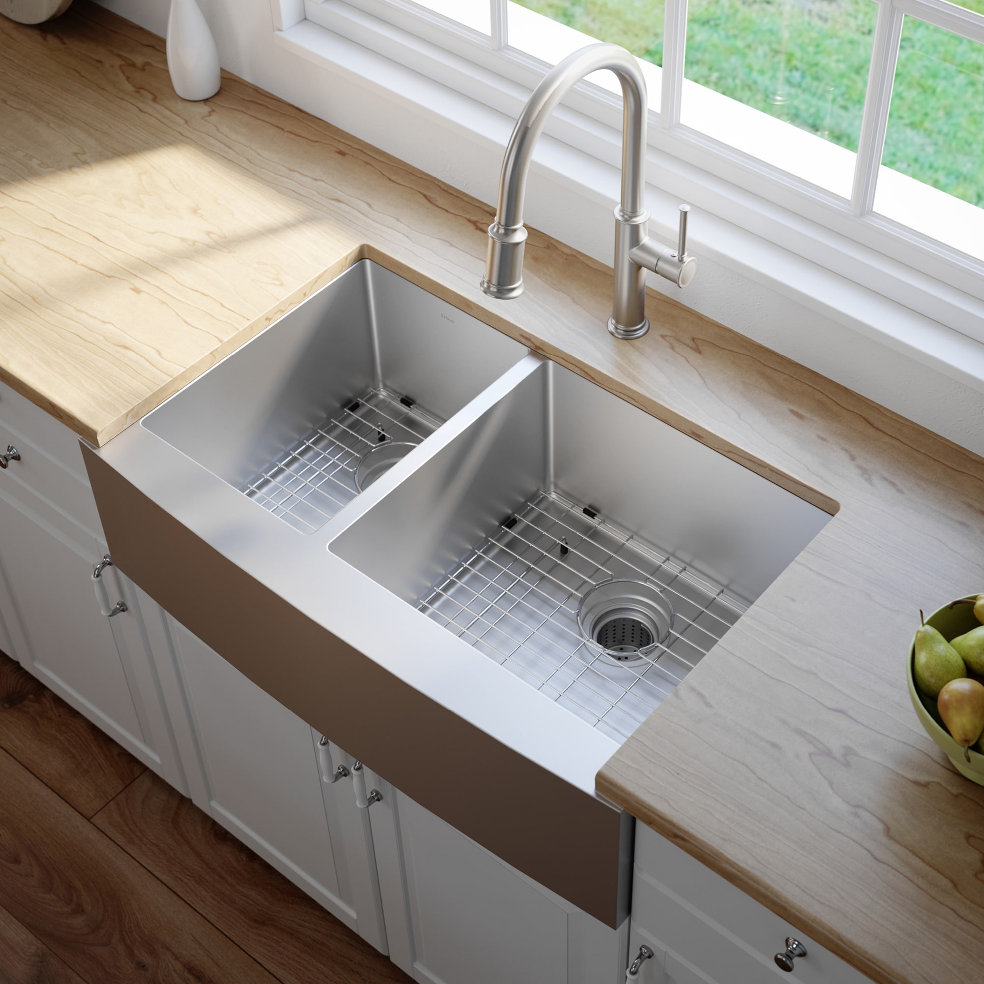 Satin Stainless Steel Double Bowl Farmhouse Kitchen Sink