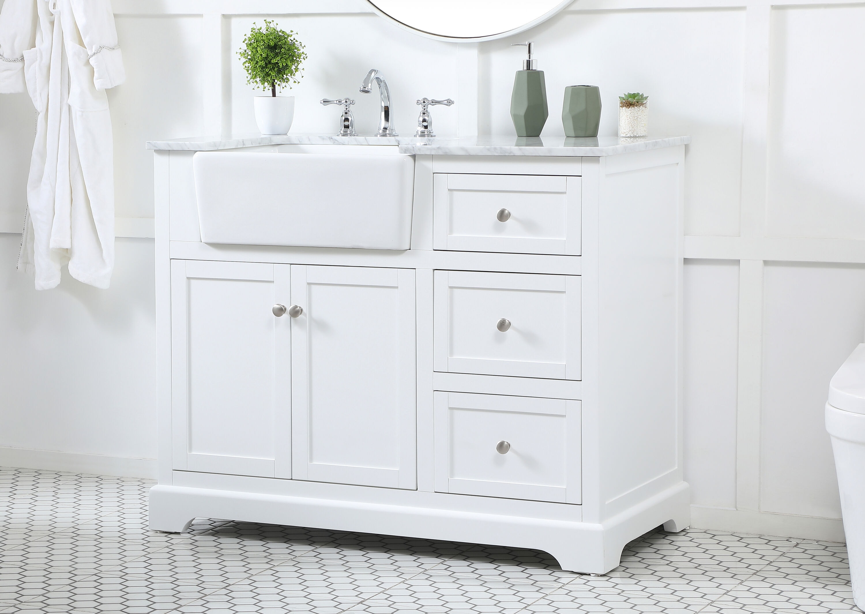 White Solid Wood and MDF Single Bathroom Vanity with Carrara Marble Top