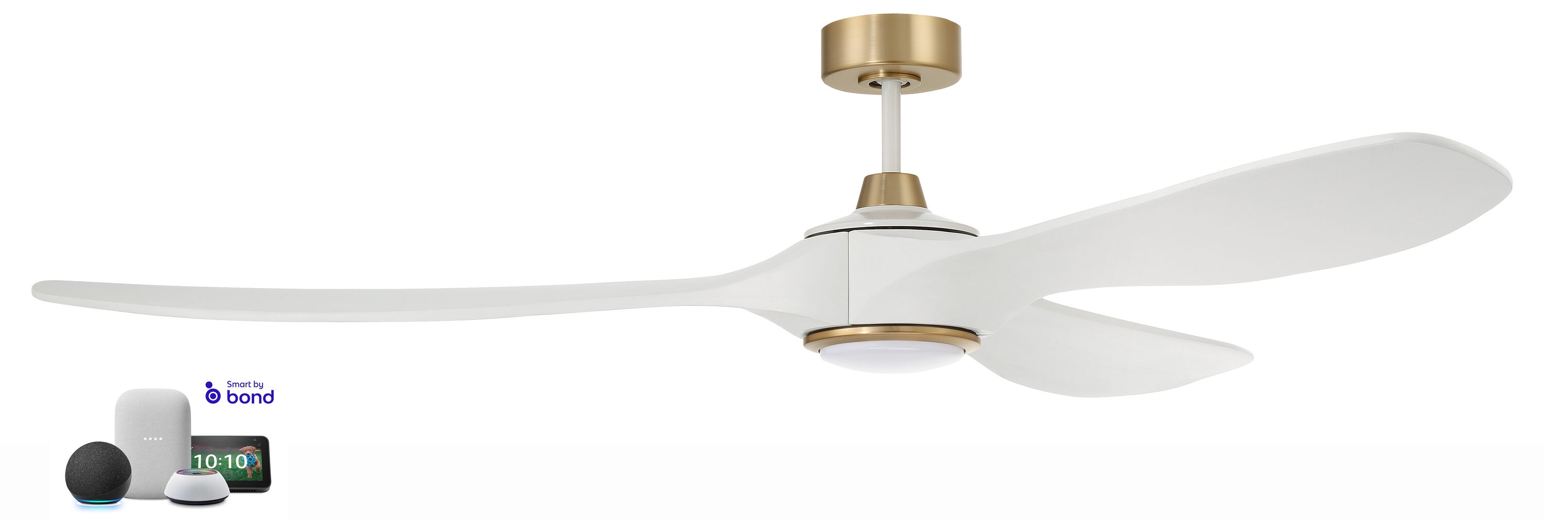 Craftmade EVY72WSB3 Envy 72-in Integrated LED Outdoor Smart White/Satin Brass with White Blades Propeller Ceiling Fan With Light - Remote Included ( 3 -Blade )