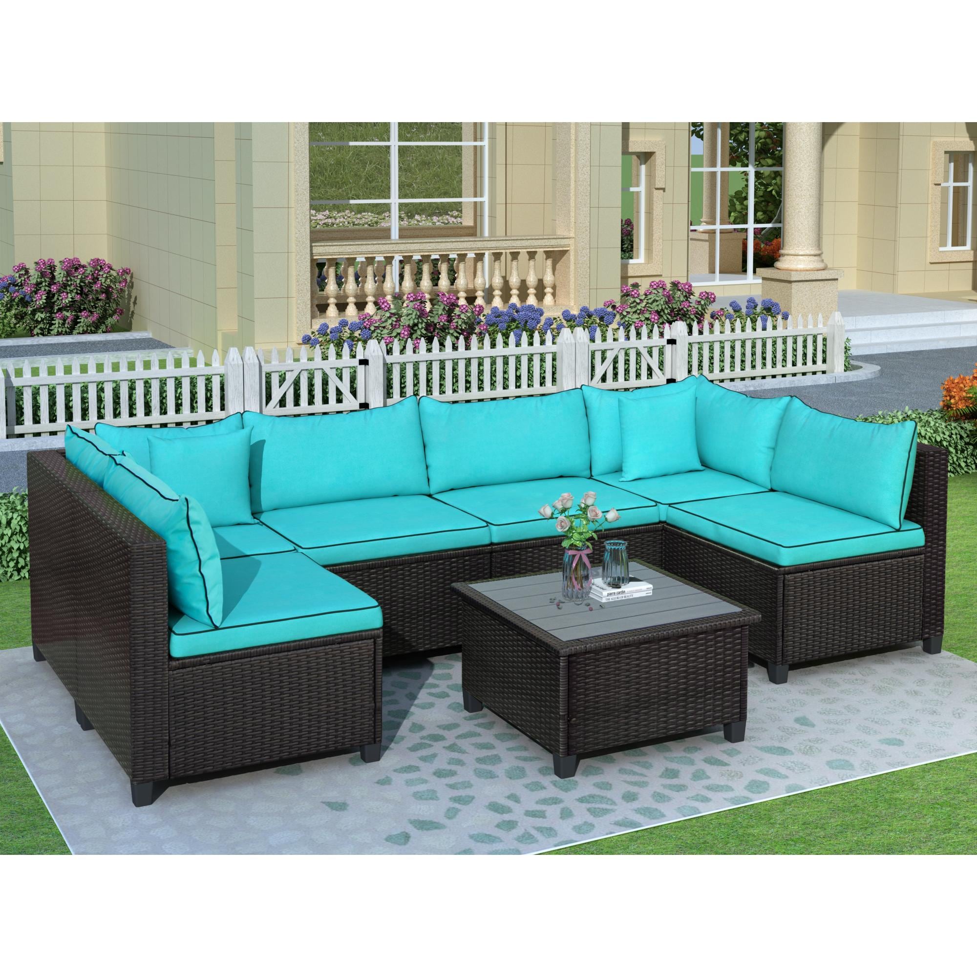 Bayfeve BFUS-111CA 7-Piece Rattan Patio Sectiona Conversation Set with Blue Cushions