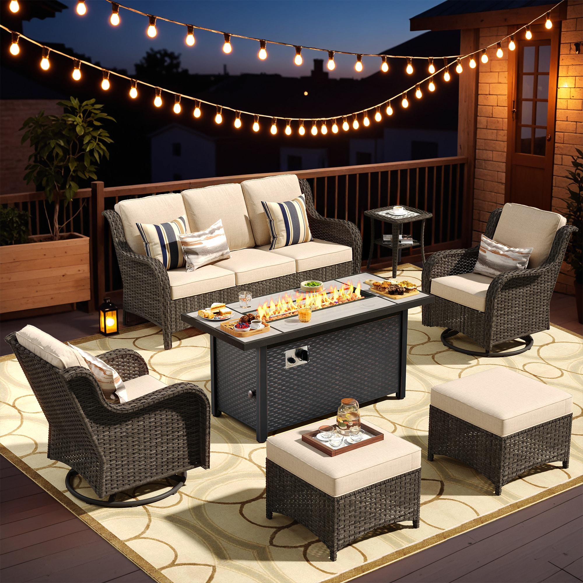 XIZZI XCTRC6174-IFP54 Vesta 7 -Piece Rattan Patio Sofa Conversation Set with Beige Cushions