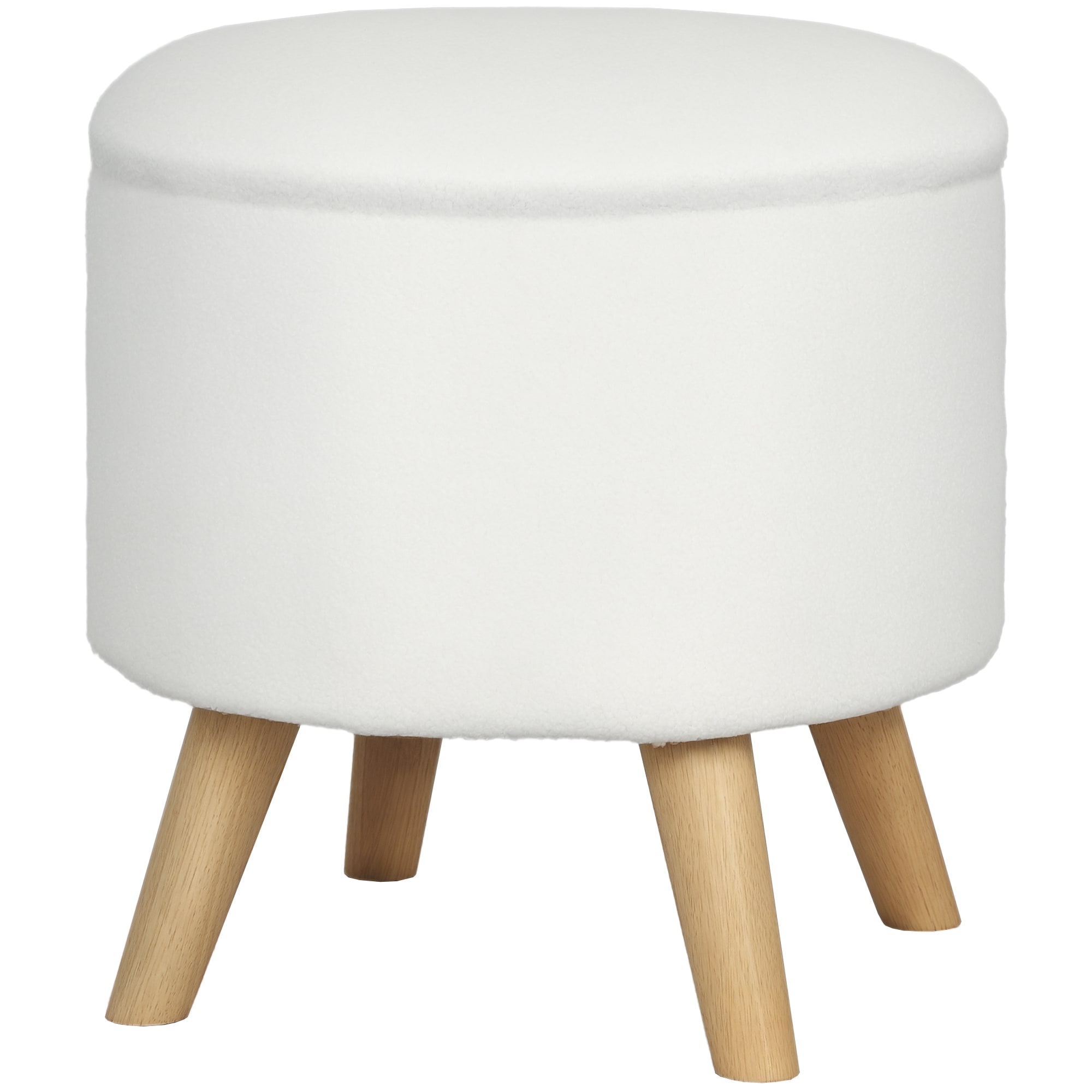 HomCom 838-437V00WT Round Storage Ottoman Linen Fabric Foot Stool with Removable Top Padded Seat Small Foot Rest with Hidden Space and Wooden Legs for Living Room White