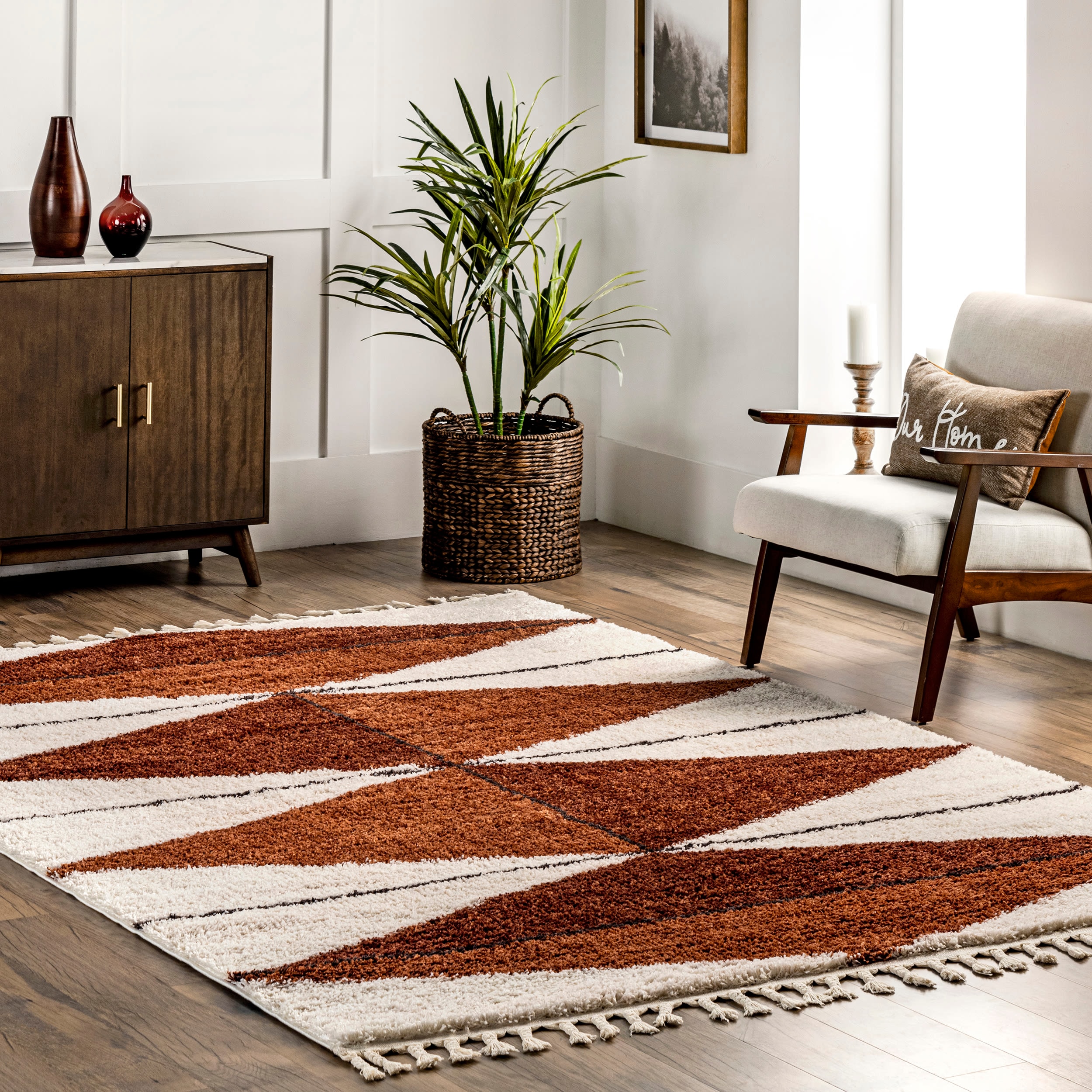Rust and Ivory Geometric Shag 8' x 10' Synthetic Area Rug