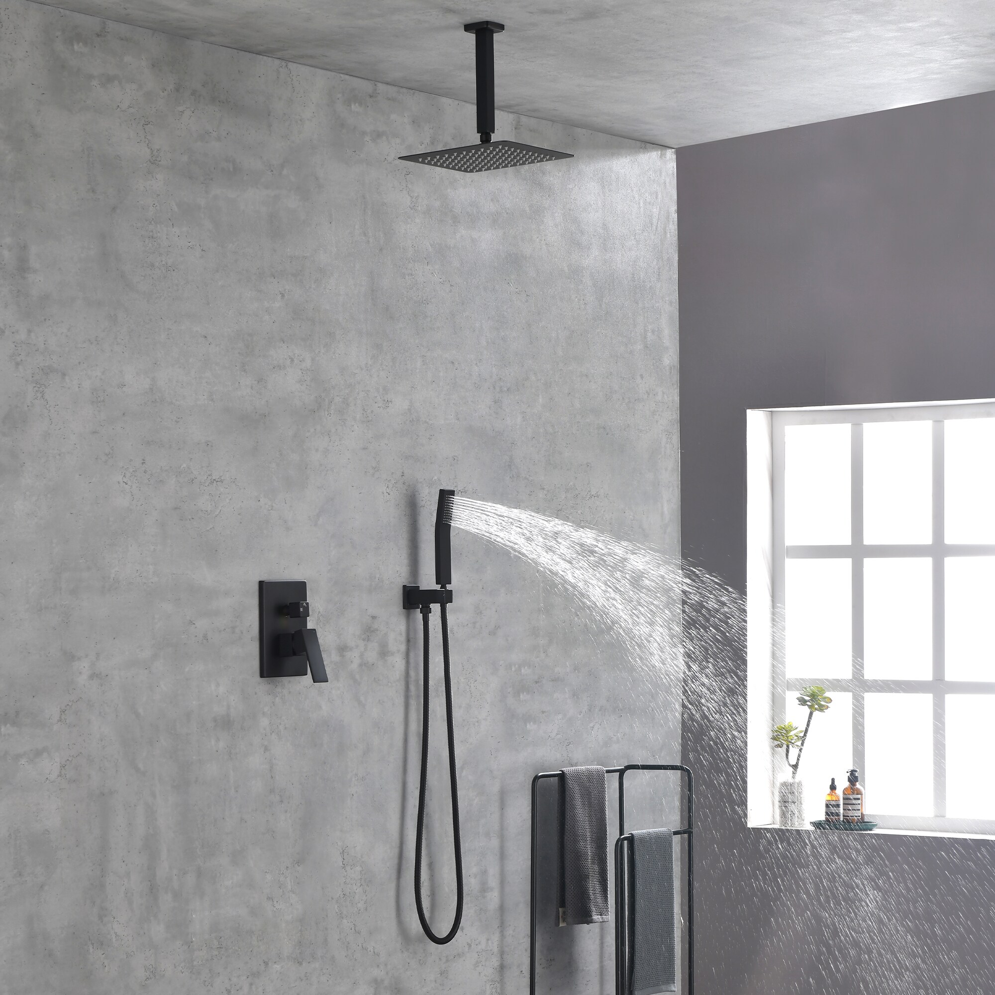 WELLFOR WA Matte Black Dual Head Waterfall Built-In Shower System with ...