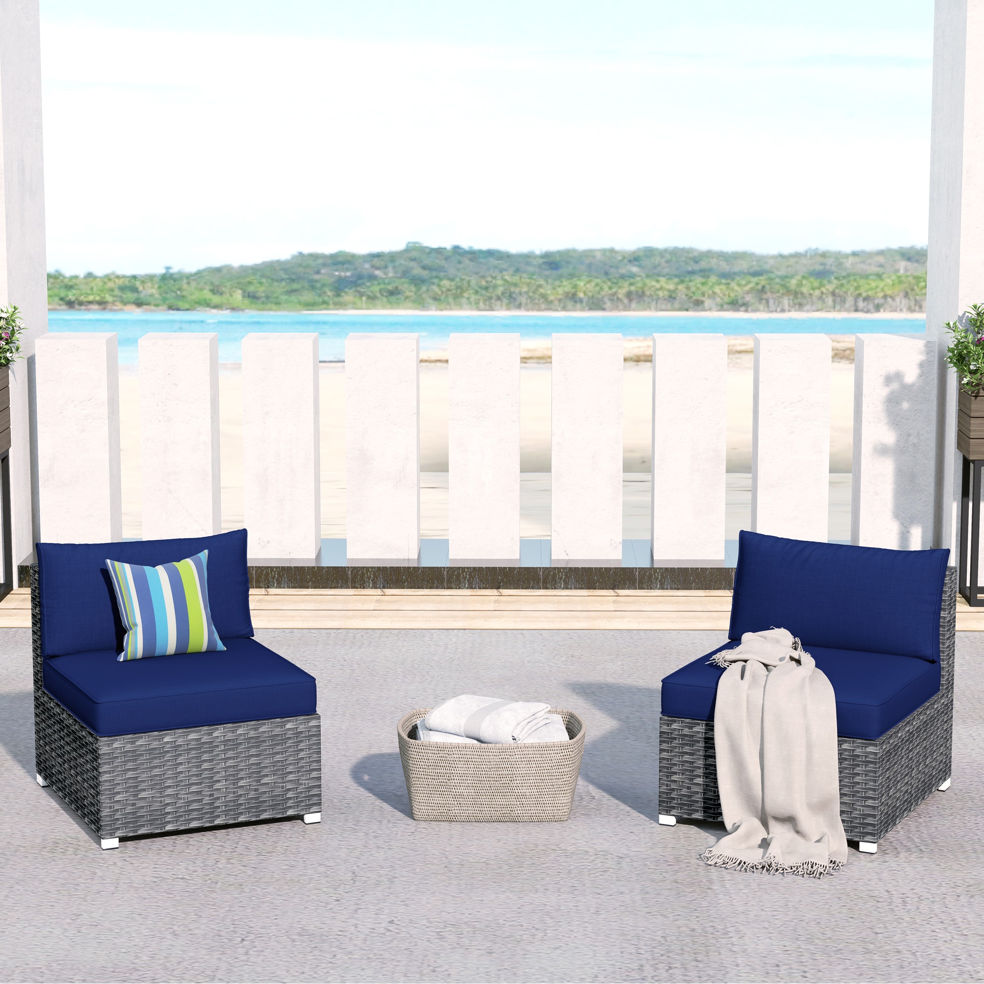 Pouuin SHOP7-BOX3 Set of 2 Wicker Gray Wicker Frame Stationary Conversation Chair with Navy Cushioned Seat