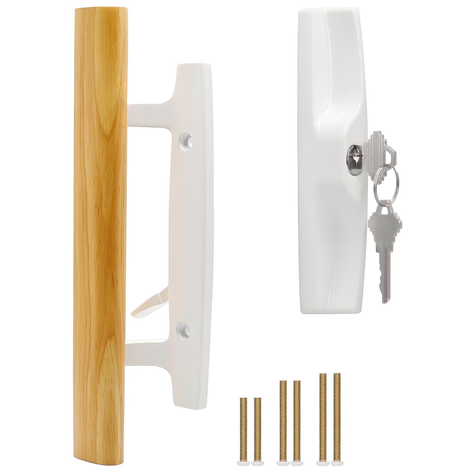 LILILIAN FMY  Sliding Glass Patio Door Handle Set with Key Cylinder Oak Wood Inside Handles Zinc Diecast Outside Pull 3-15/16 Hole Spacing Fits