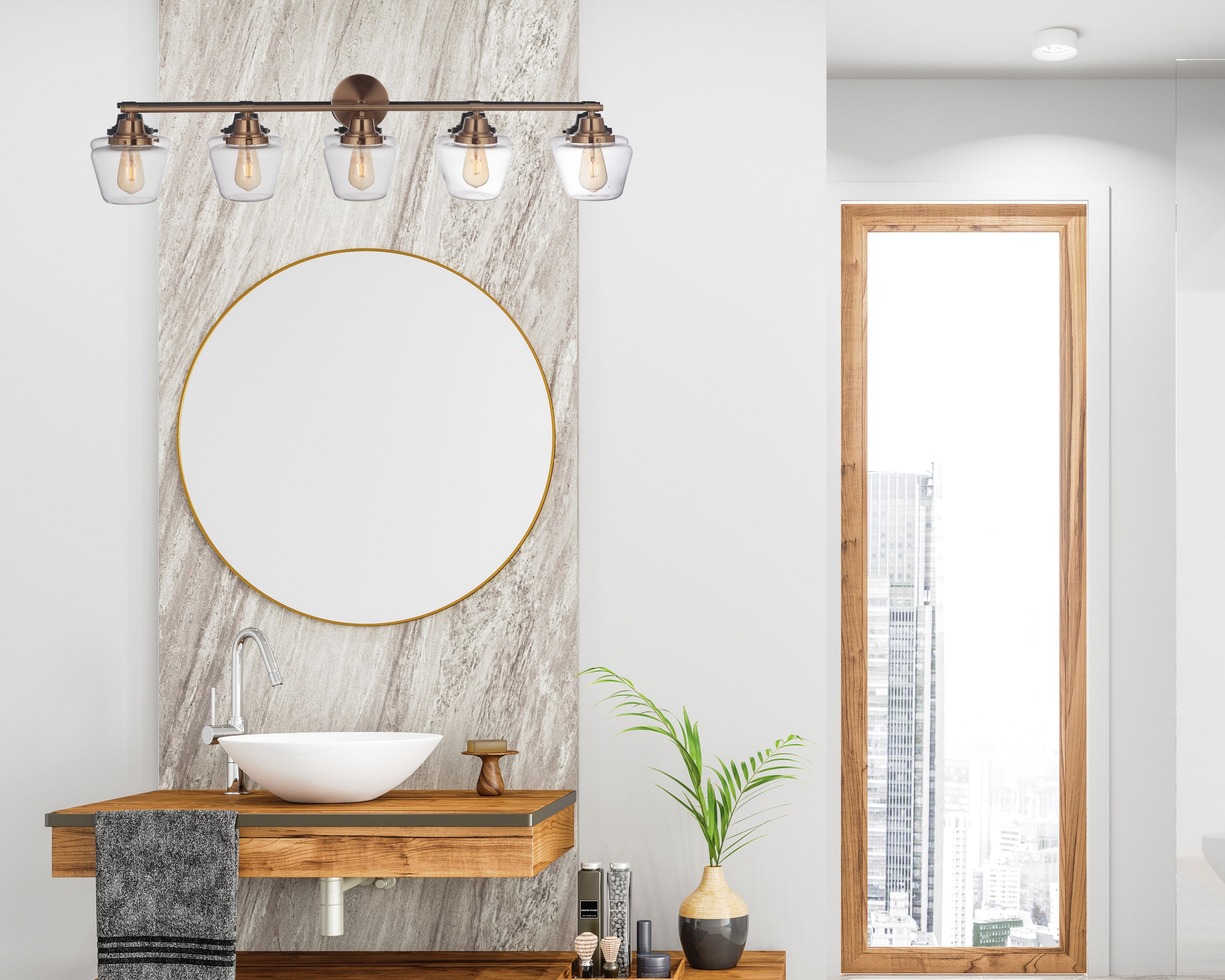 Essex 48'' Satin Brass 5-Light Vanity with Clear Glass Shades