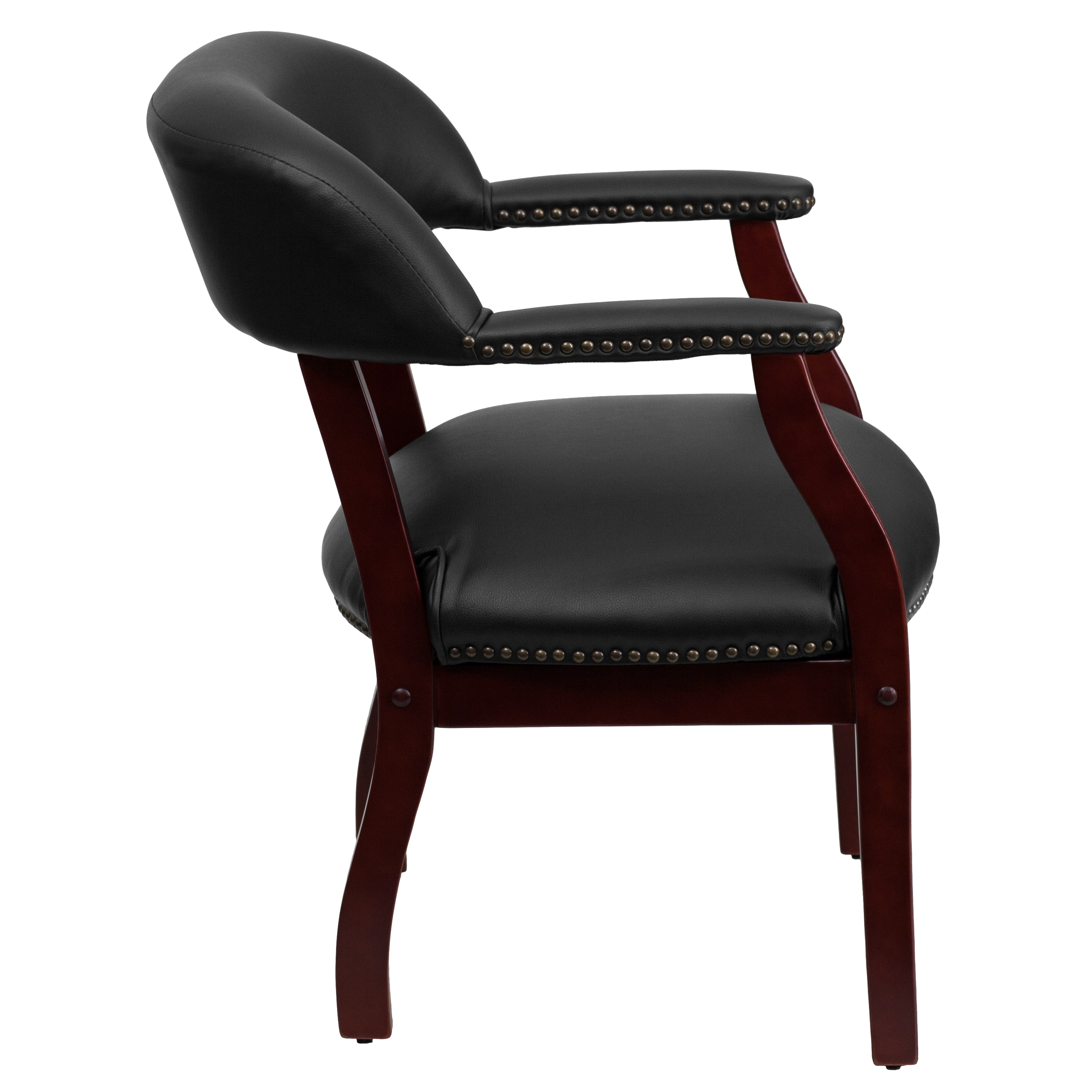Elegant Black Vinyl and Wood Office Chair with Brass Nail Trim
