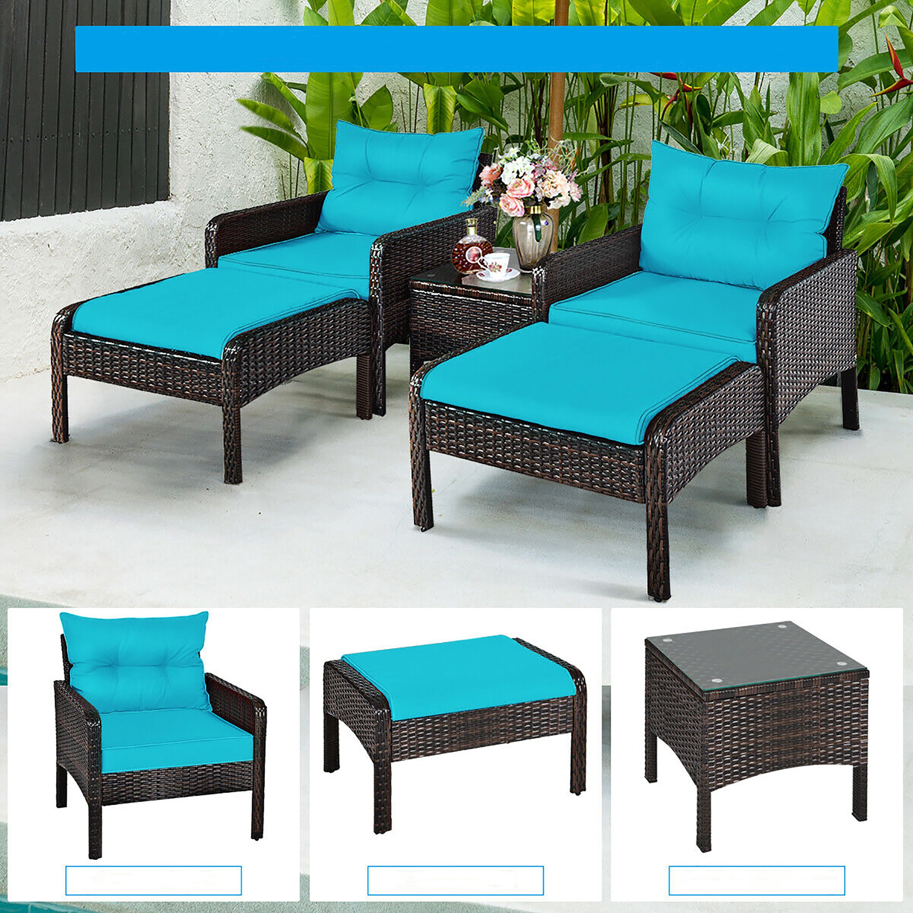 Turquoise 5-Piece Outdoor Rattan Conversation Set with Cushions
