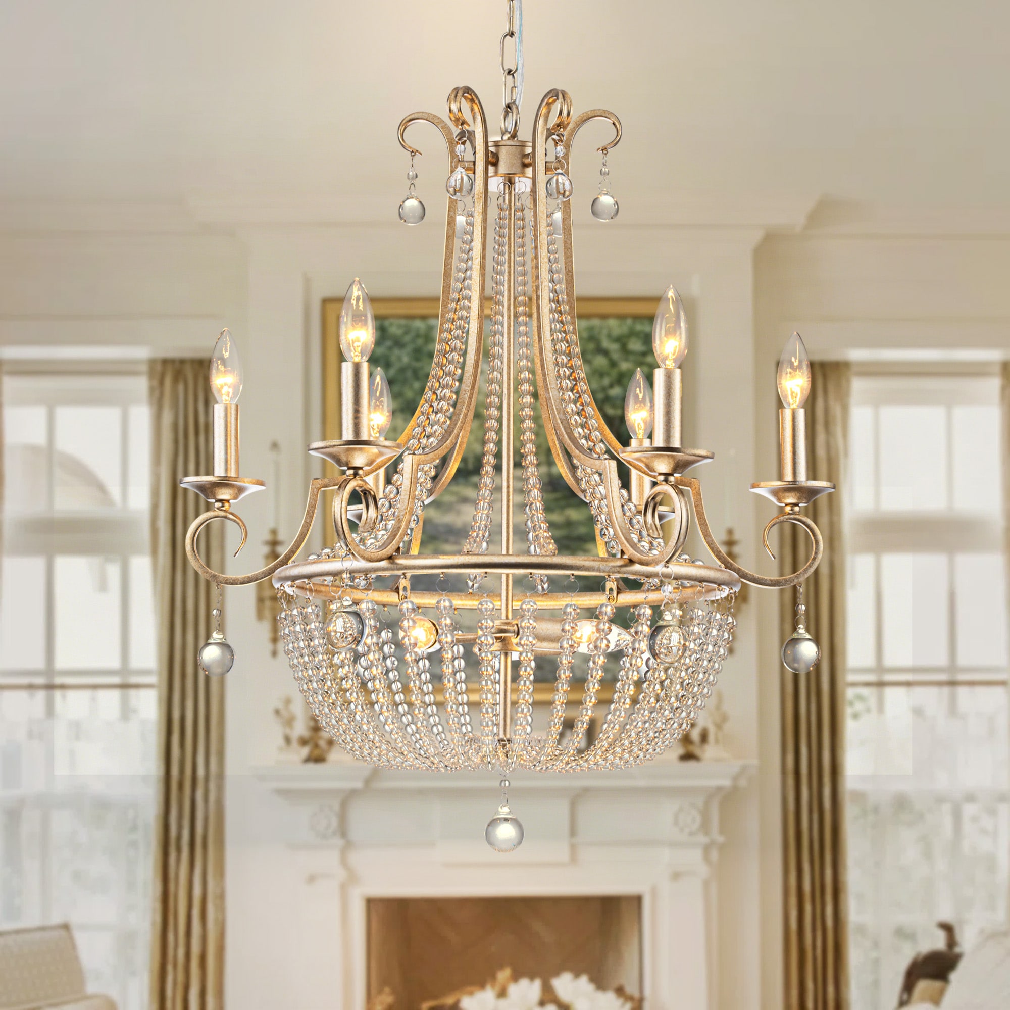 Rennnsan 9-Light 24-in Vintage Silver Crystal Basket Chandelier with Adjustable Chain for Foyer and Dining Room