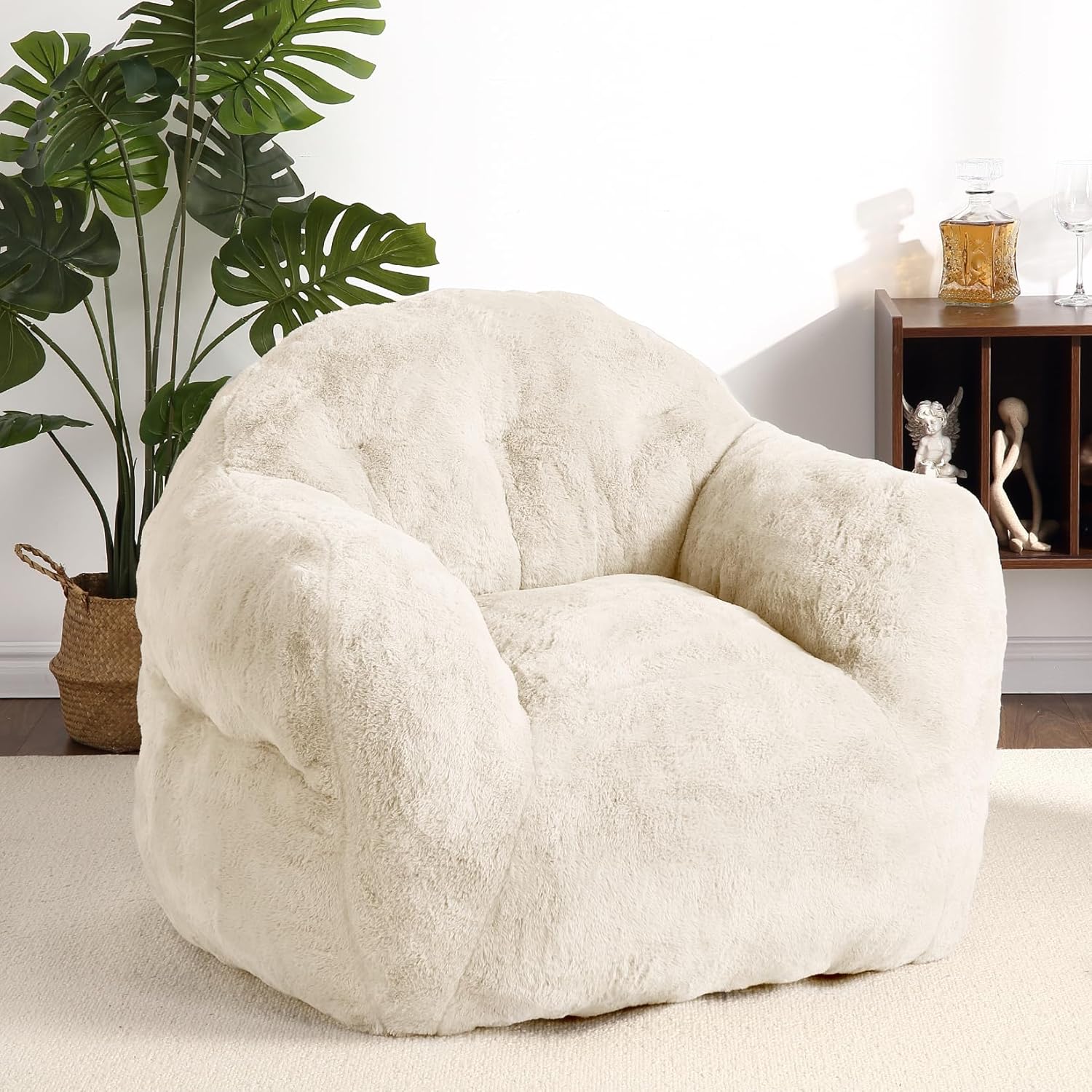 Qeetex PD-PHO-0ZGCW936 51-Inch Bean Bag Chair-Foam Filled-With Armrests-For Adults-Kids-Beige