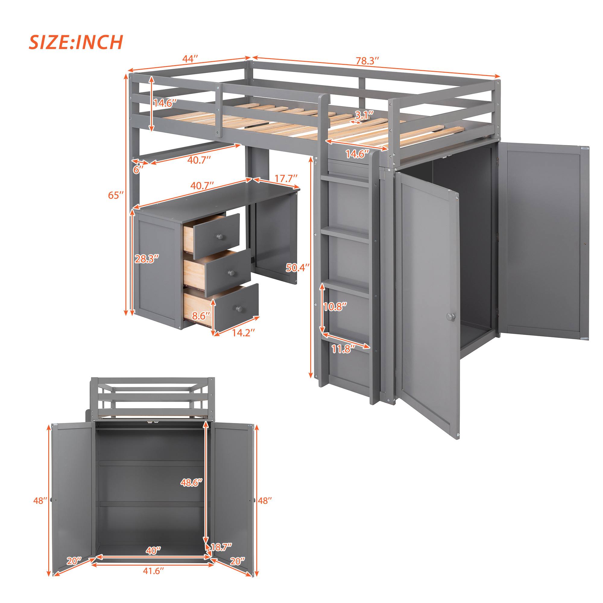 Yiekholo Gray Twin Study Loft Bed with Desk, Shelves, and Wardrobe