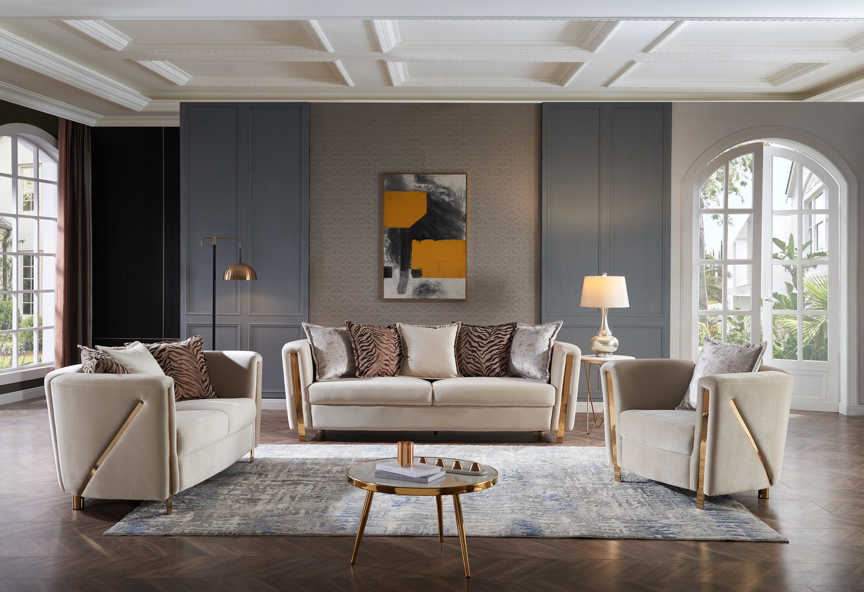 Galaxy 601955550727 Chanelle Modern 3 -Piece Velvet Beige Living Room Set