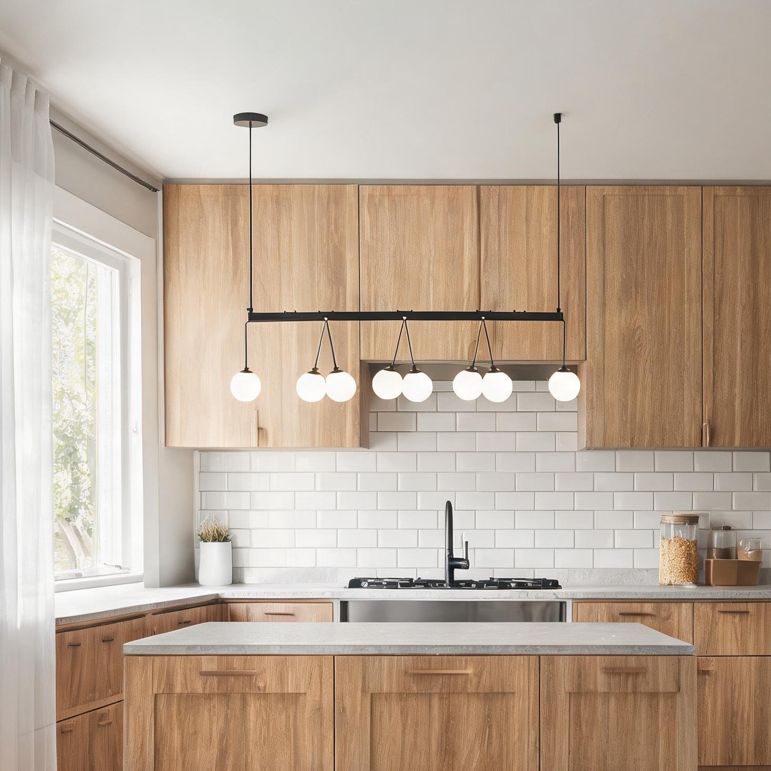 Watnature - 8-Light Modern Pendant Chandelier with Frosted Glass Globes Jet Black White Adjustabl...