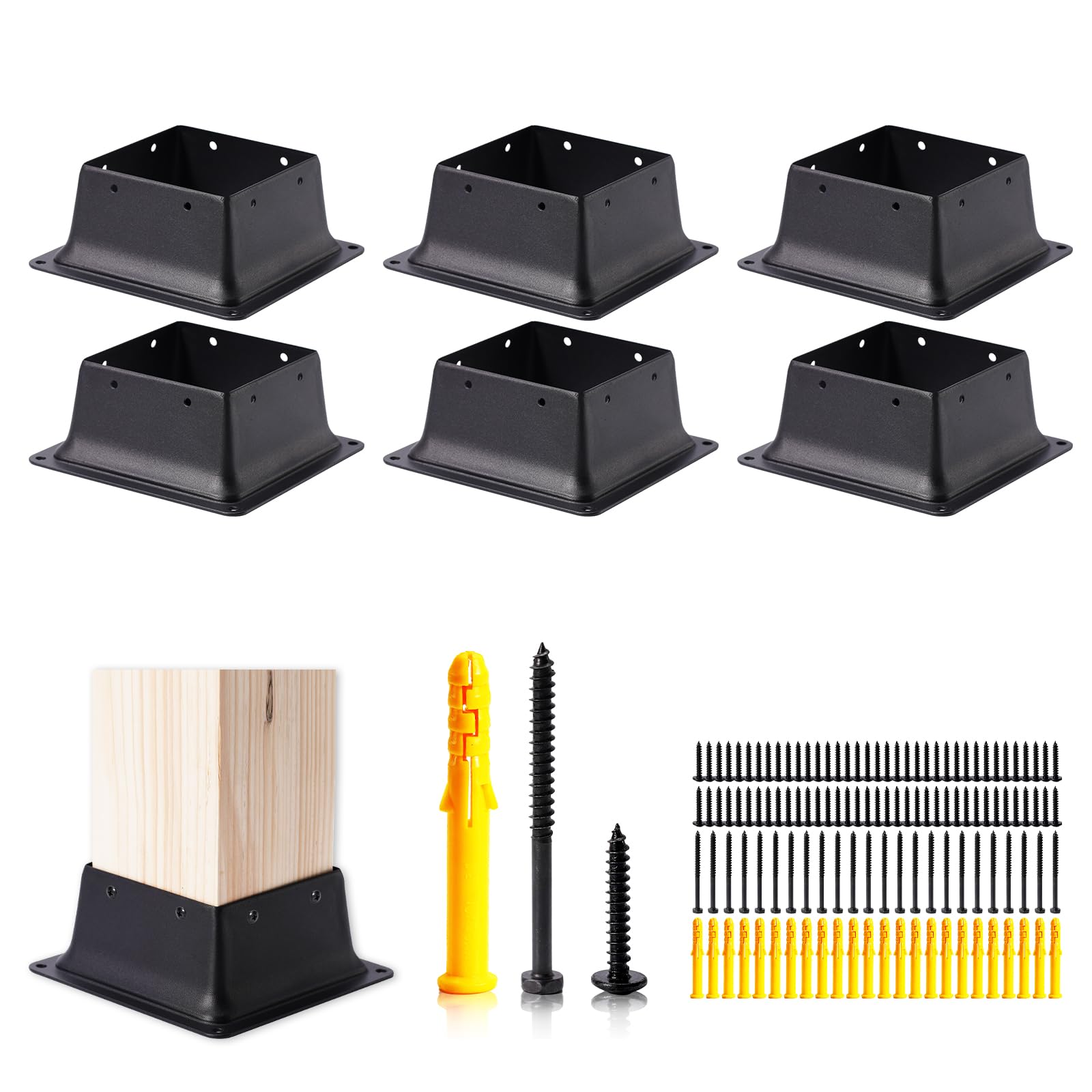 KHKFY  4 x 4 Post Base Kit 6 pcs Heavy Duty Metal Black Powder Coated Deck Post Brackets for Wood Porch Handrail Railing Support Includes Screws
