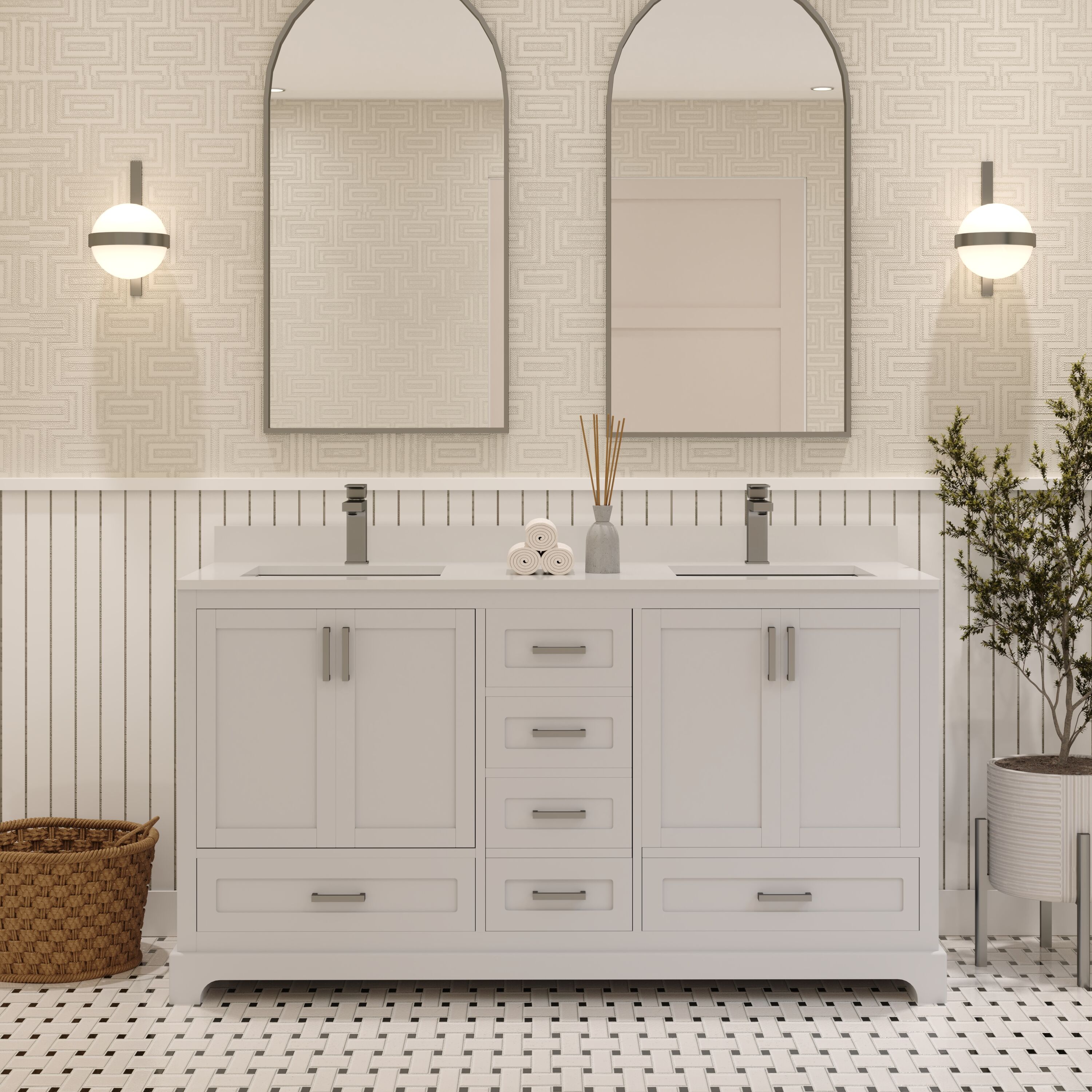Ayna Decors AVM60WH3022 60-in White Undermount Double Sink Bathroom Vanity with White Quartz Top (Faucet Included)