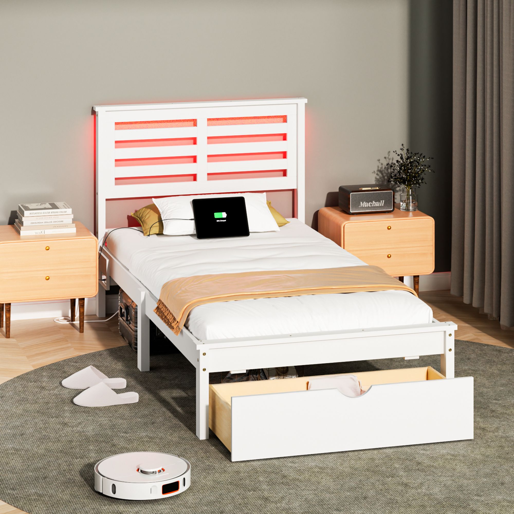 Winado - Twin Wood Bed Frame with Charging Station Lighted Platform Bed with 1 Drawer White