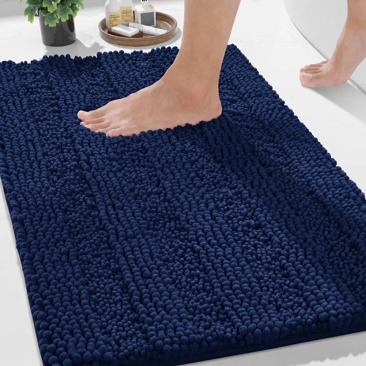 Phewnyzo  Navy Blue Bathroom Rug Mat Non Slip Quick Dry Extra Thick Super Absorbent Microfiber Chenille Plush Washable Soft Bath Carpet for Floor