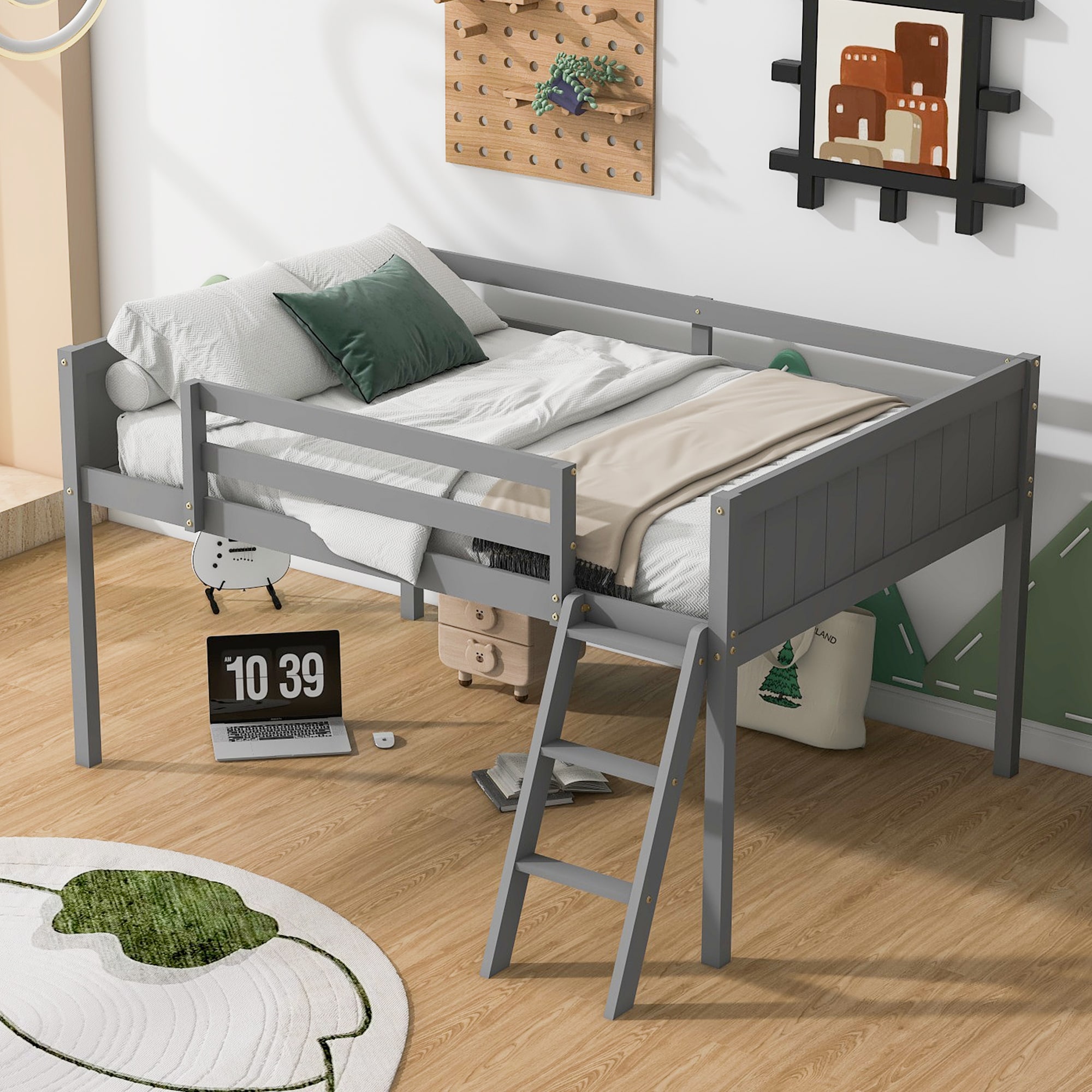 LOVMOR  Full Size Wood Low Loft Bed with Ladder ladder can be placed on the left or right Gray