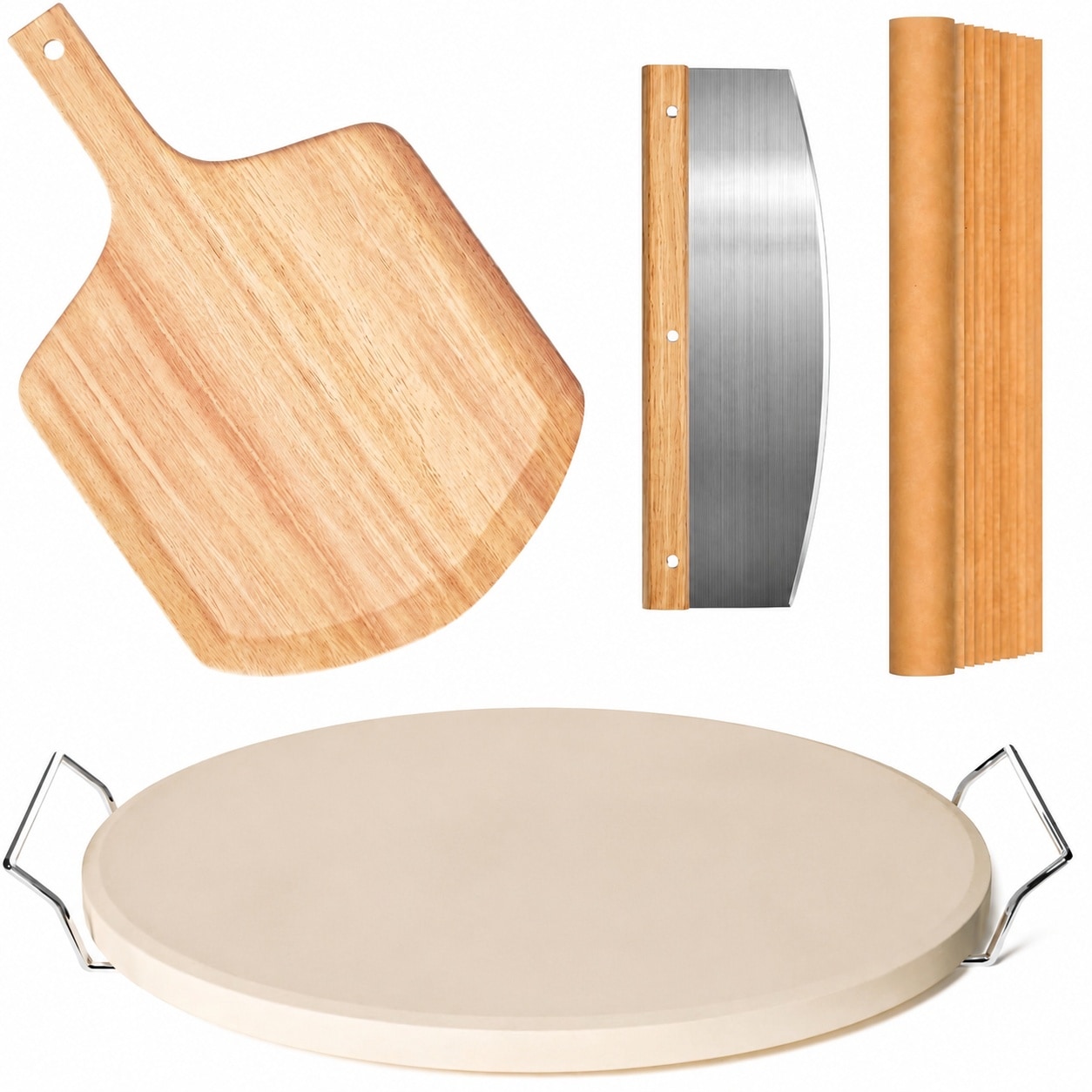 Aoibox  5 Piece Round Pizza Stone Set with 13 in Baking Stone Wood Pizza Peel Serving Rack and Pizza Cutter