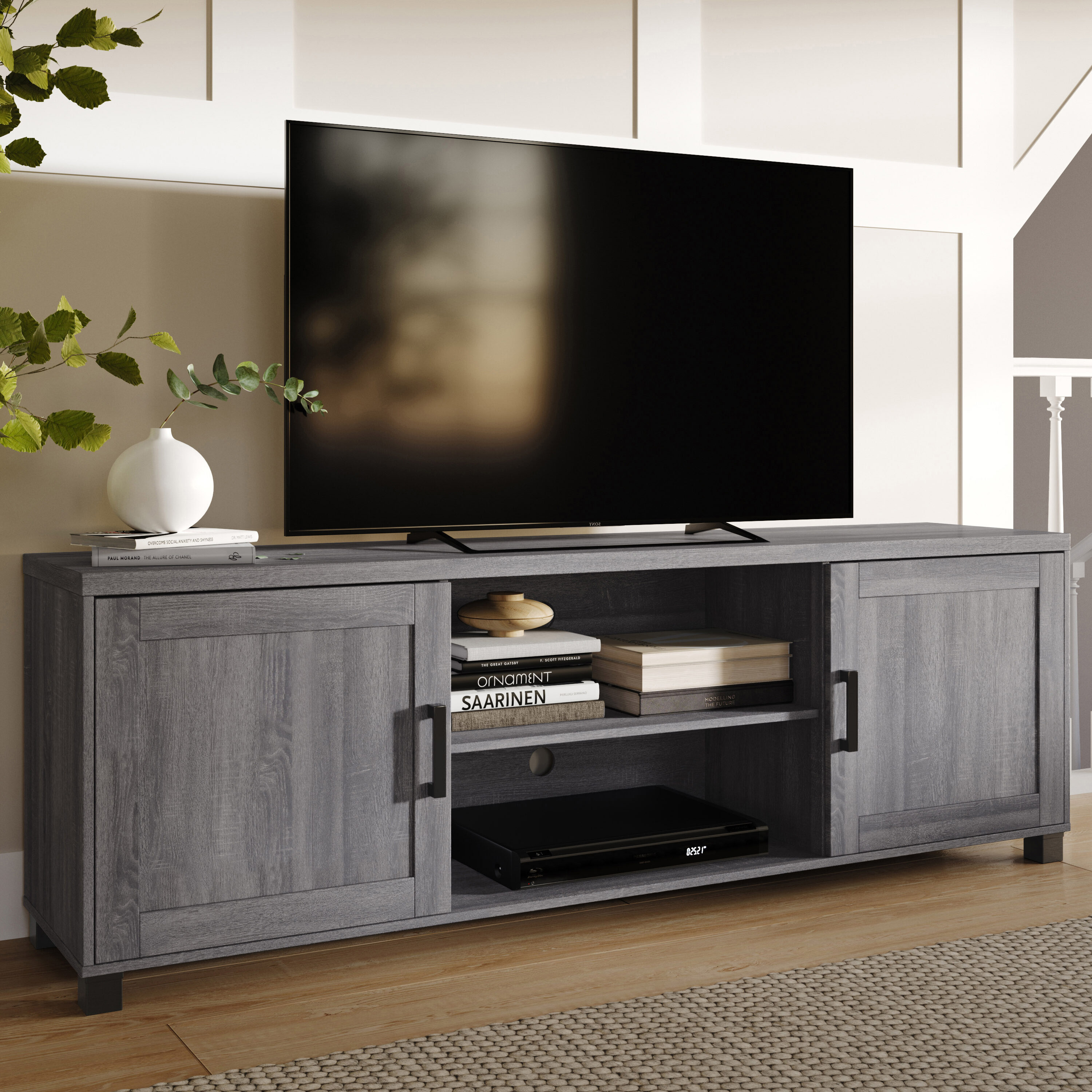 Virlomi Dark Gray 71" TV Stand with Cabinet and Shelves