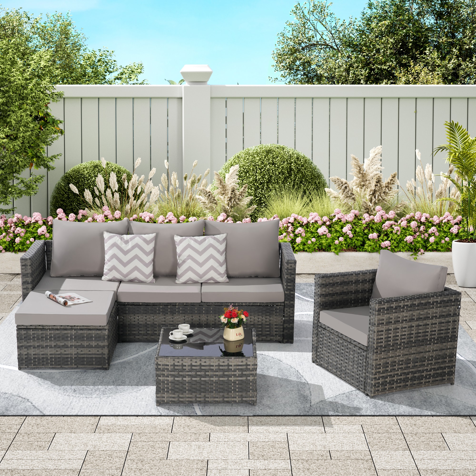 Forclover MONLDS04GY Outdoor Patio Sofa 3 -Piece Rattan Patio Sofa Conversation Set with Light Gray Cushions