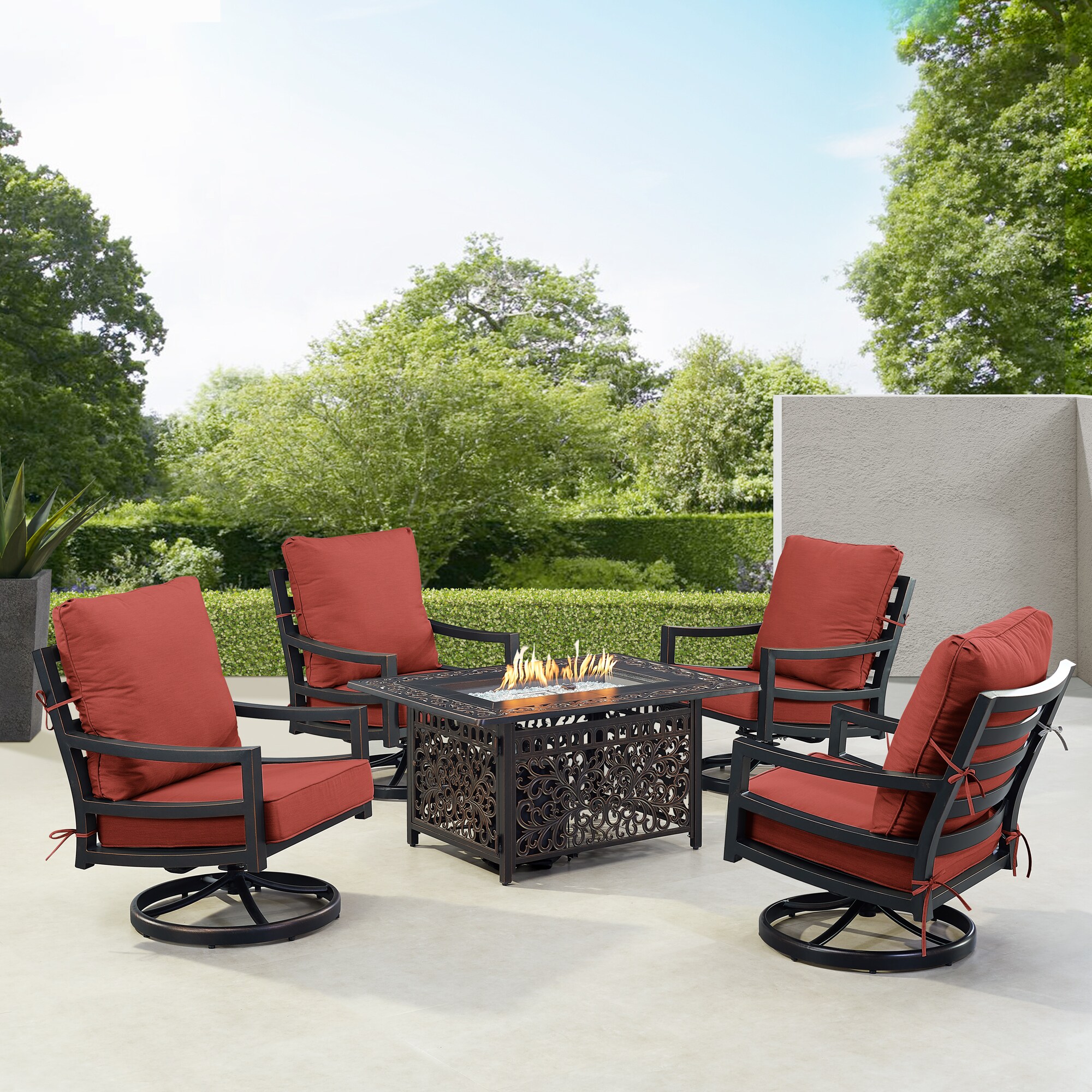 Oakland Living HUDSON4CHCABOSRDCU Fire Pit Table Set, Four Lounge Chairs and Wind Guard 14 -Piece Patio Conversation Set with Red Cushions