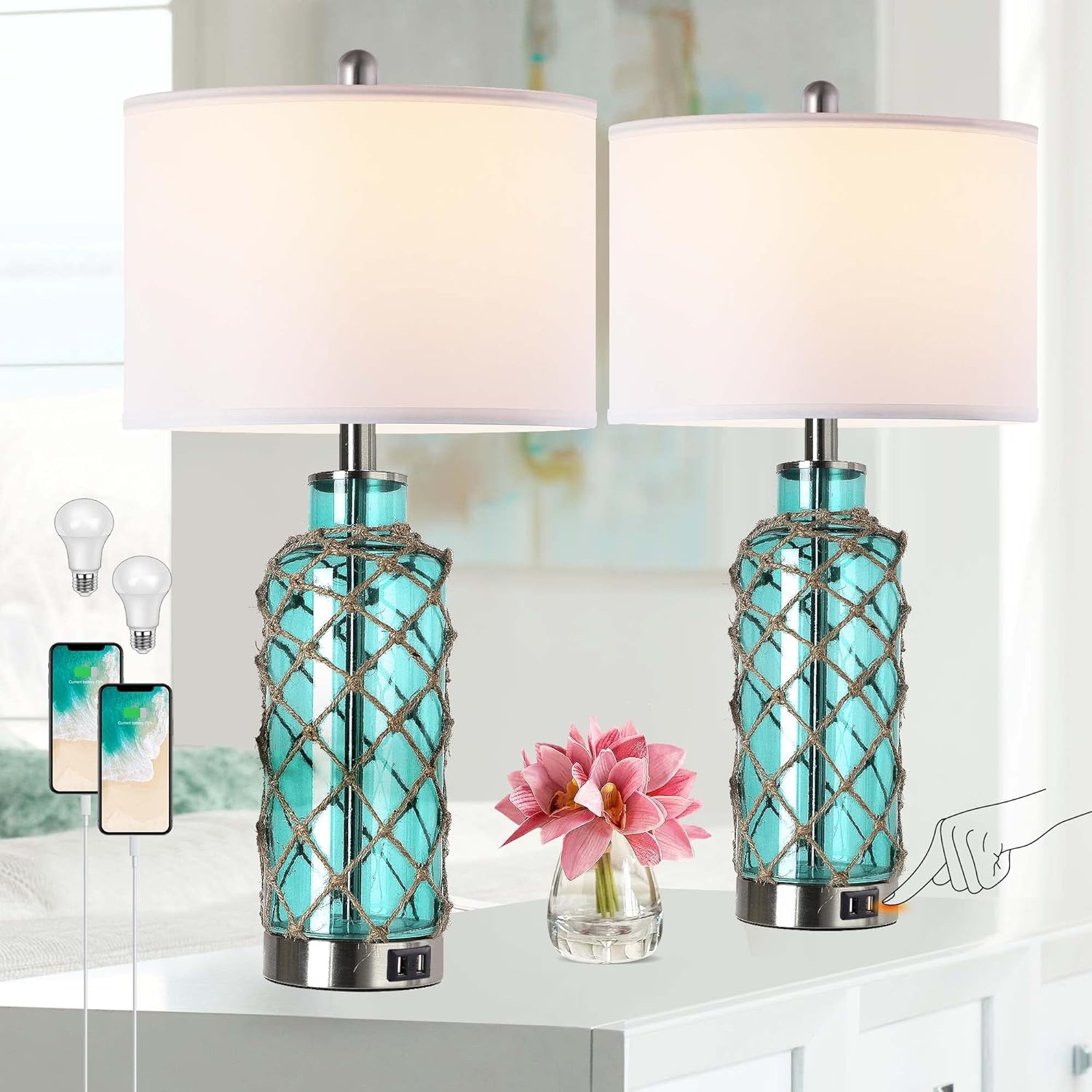 LUXEYARD Cottage Nautical Accent Table Lamp Set of 2 Touch Control ...