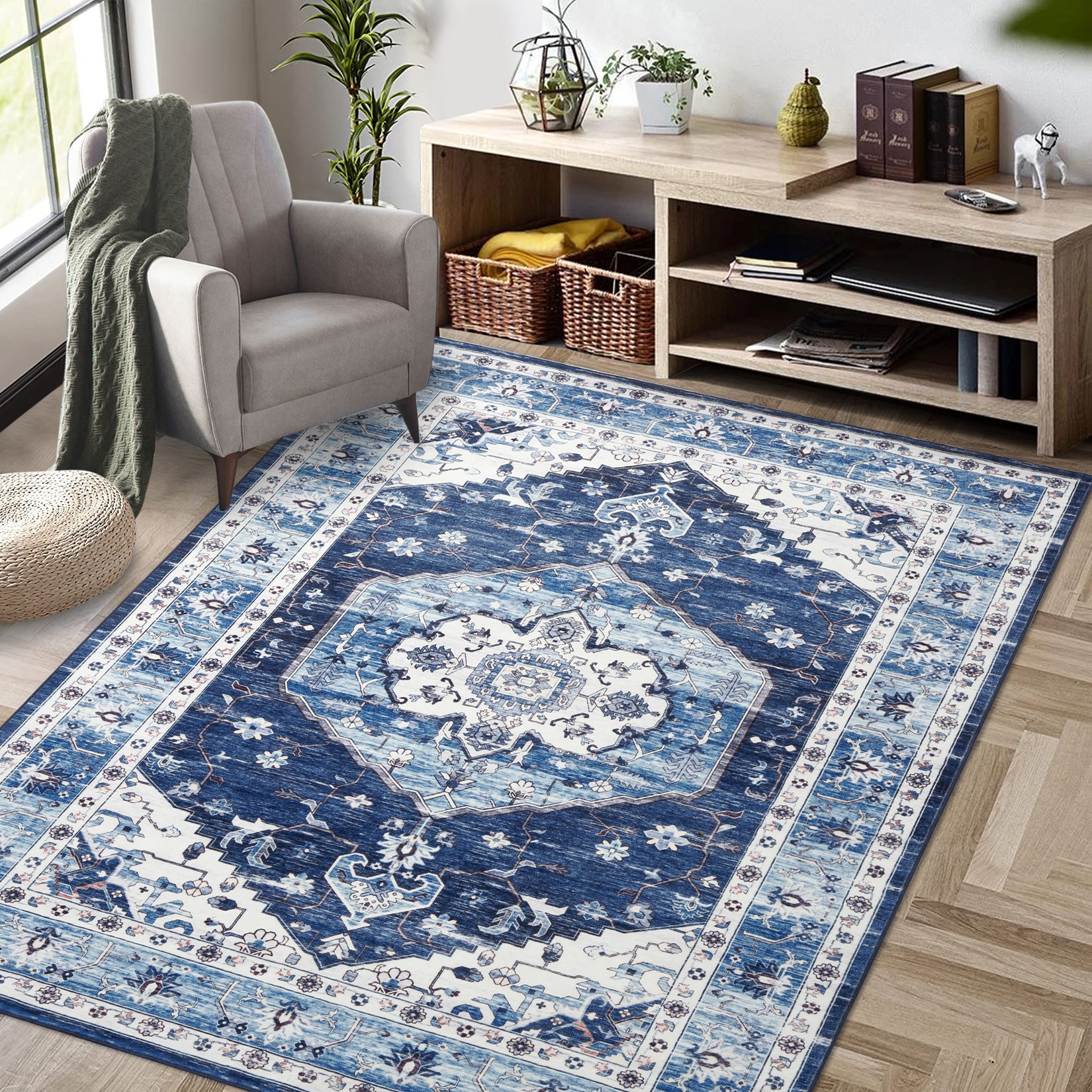 Garvee YXY-LO-PHO-0YNH18RC 4 x 6 (ft) Loomed Polyester Blue Rectangular Indoor Medallion Persian Machine washable Area rug
