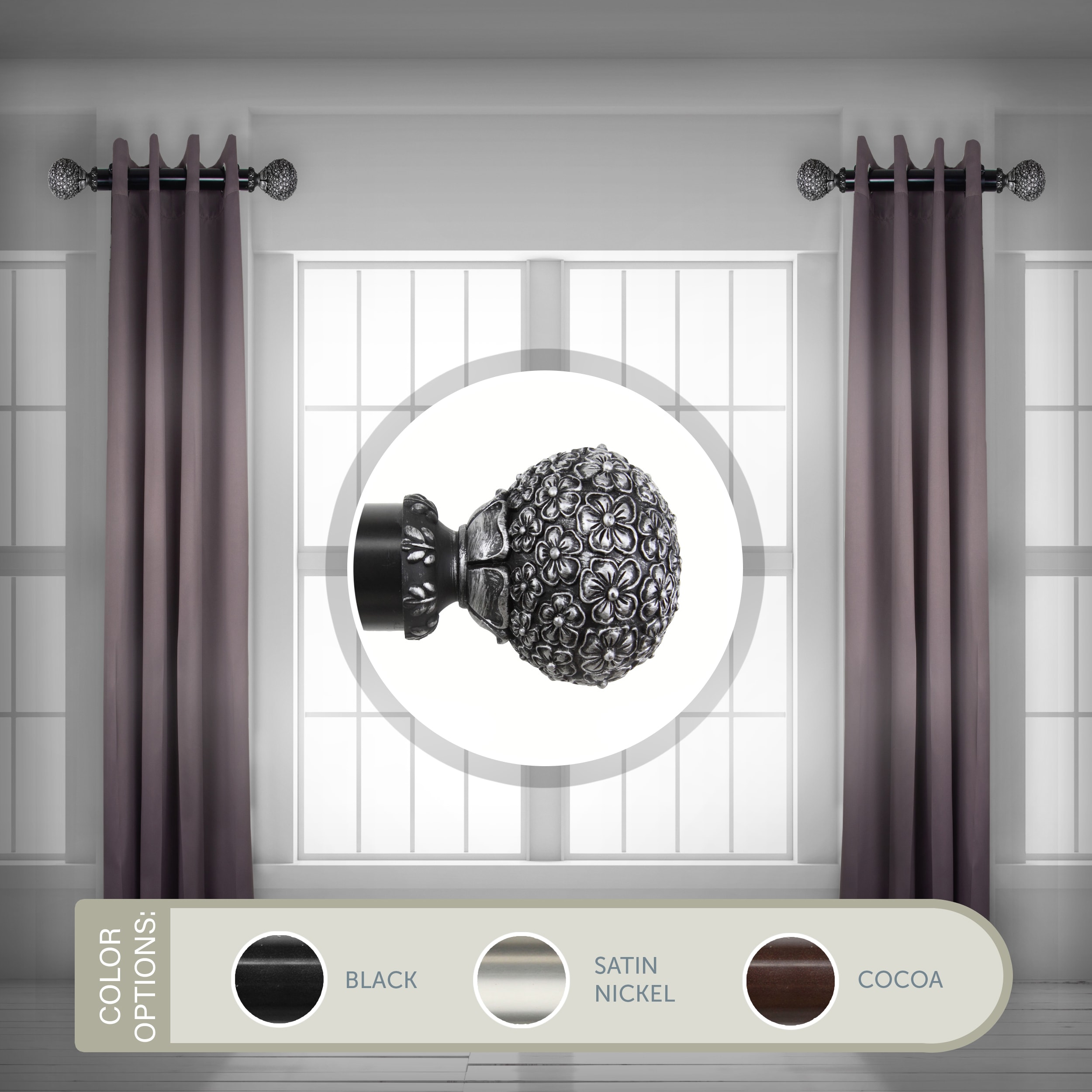 Hart & Harlow LO-SIDE150-24-2 Zander 1.5-in 12-in to 20-in Black Steel Side curtain rod with Finials