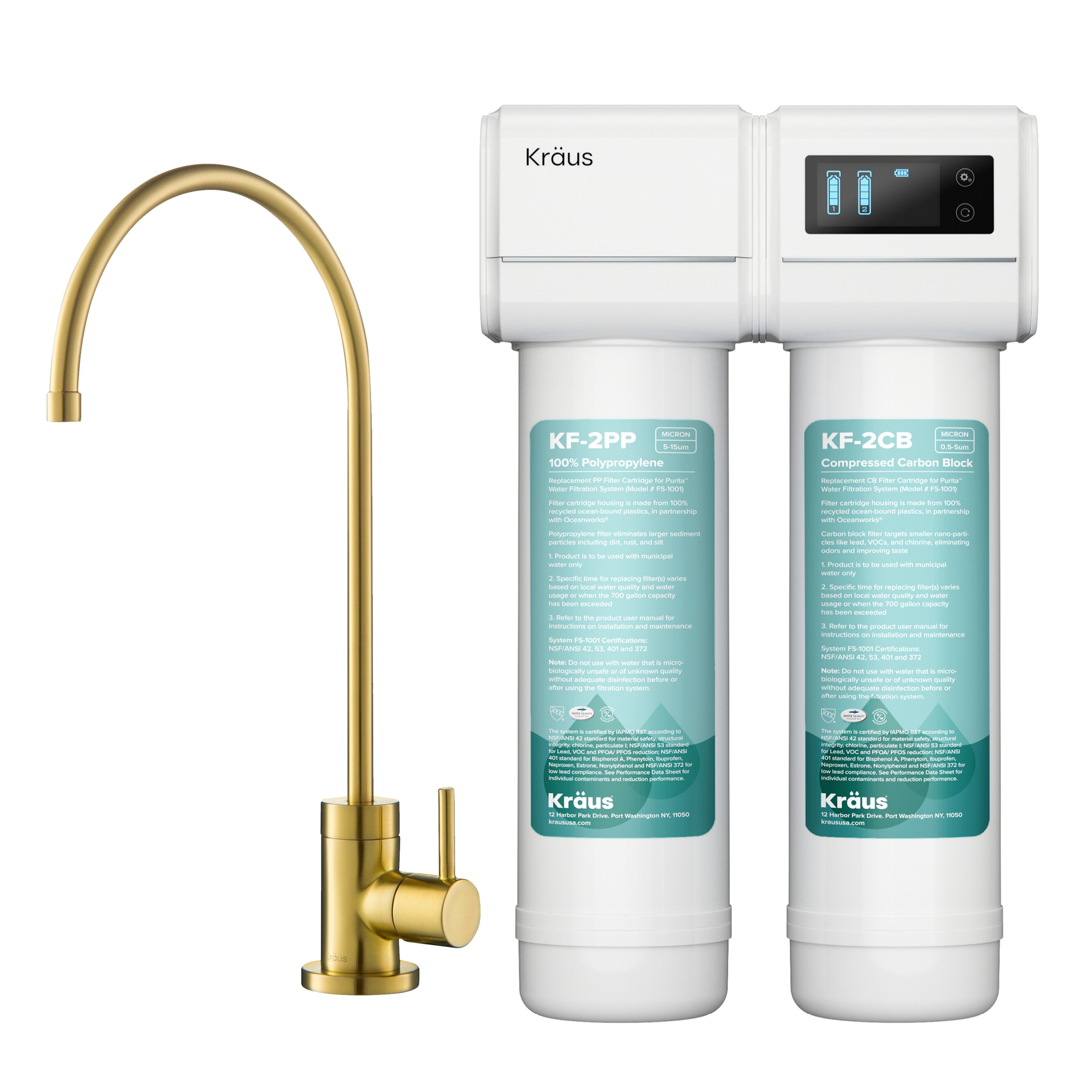 Kraus FS-1001-FF-100BB Purita Dual-stage Carbon Block Under Sink Water Filtration System with Brushed Brass Faucet
