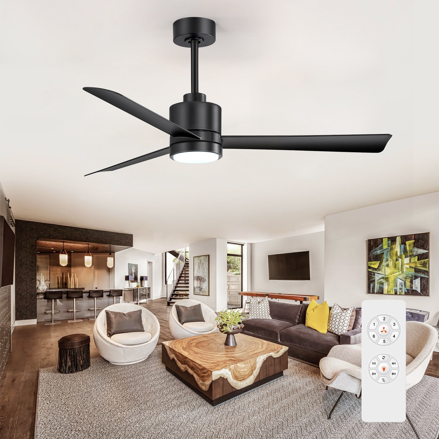 Breezary 24029-AB 52-in Color-Changing Integrated LED Matte Black with Black Blades Propeller Ceiling Fan With Light 3 -Blade )