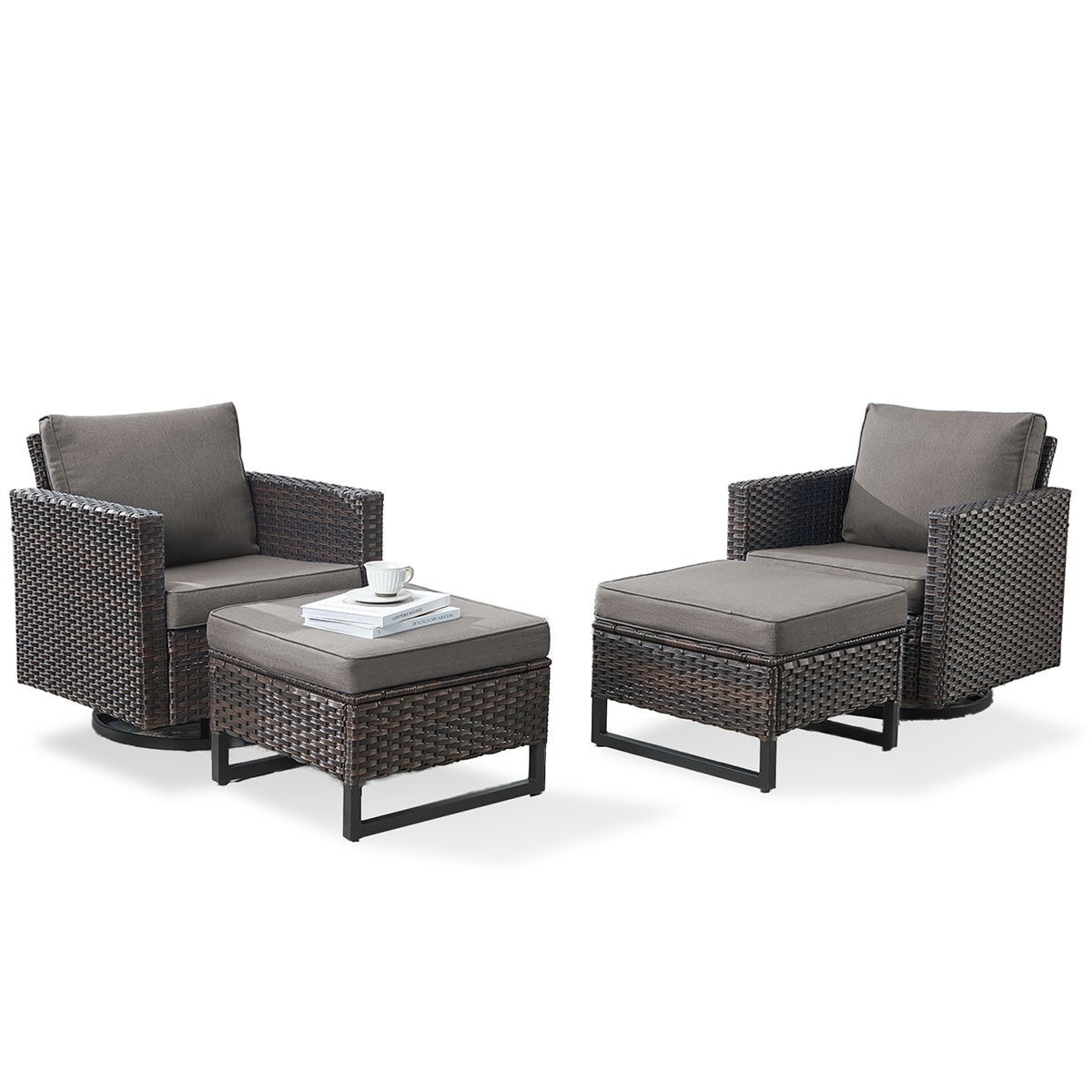 Rilyson FS122119-3 U-FEET Set of 2 Wicker Brown Wicker Frame Swivel glider Conversation Chair with Brown Gray Cushioned Seat