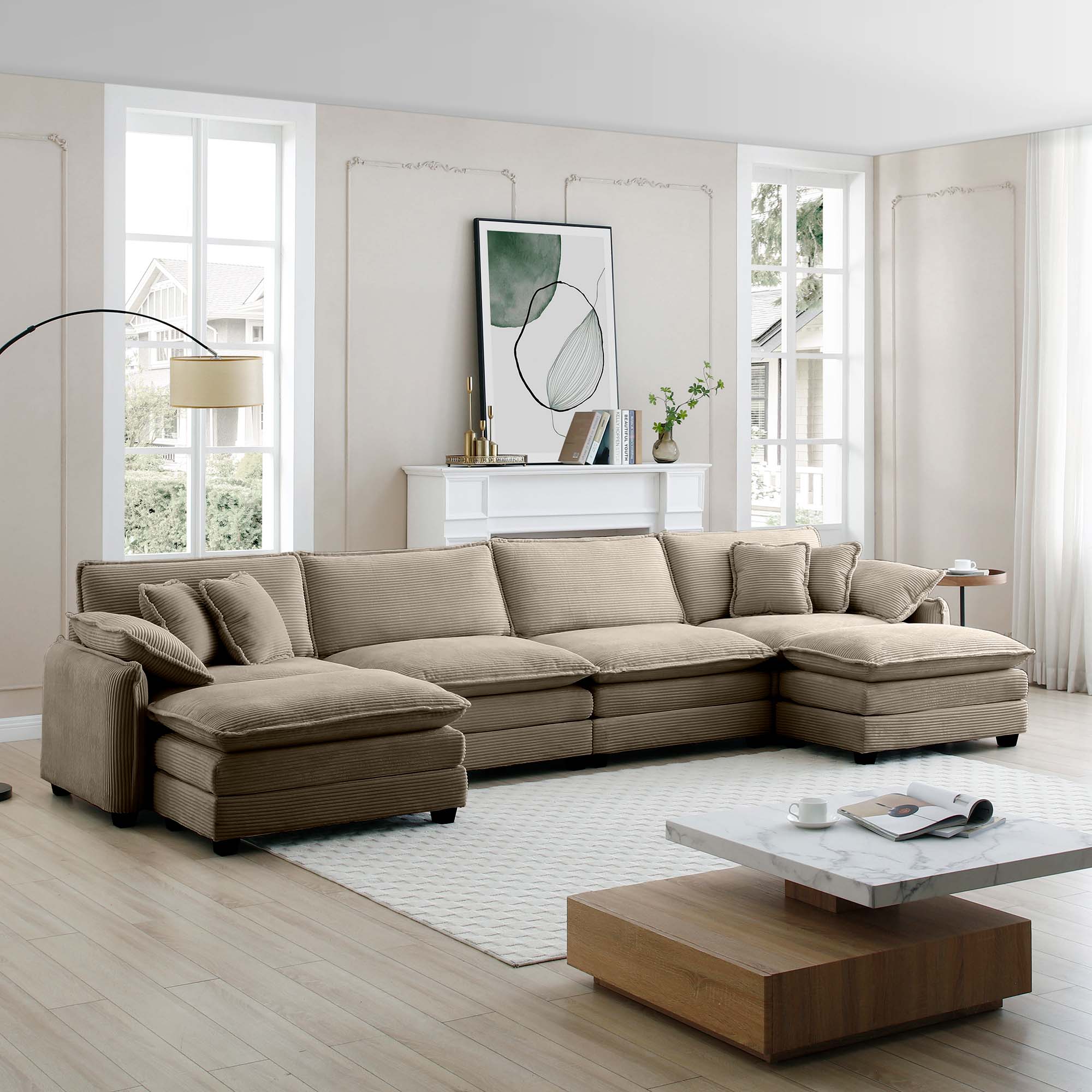 LOVMOR Corduroy Sofa 4 Seater Couches Ottoman for Living Room Bedroom ...