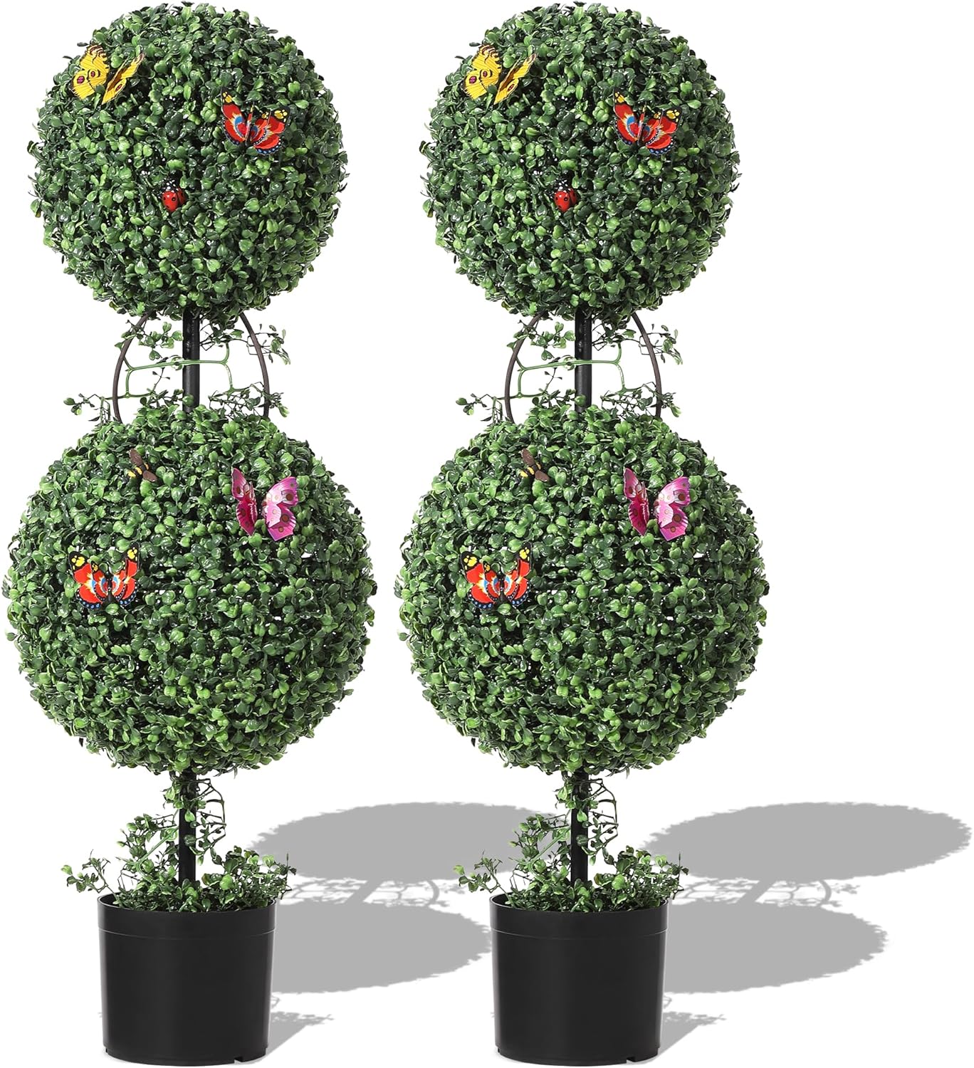 Qeetex DYQ-PHO-3553N3XH 3 FT Artificial Double Ball Topiary Trees with Pot 2 PCS Topiary Trees Artificial Outdoor with Moss  Vine  Butterfly Decor  All Year Green Outdoor Faux Plants for Front Porch  Home Decor