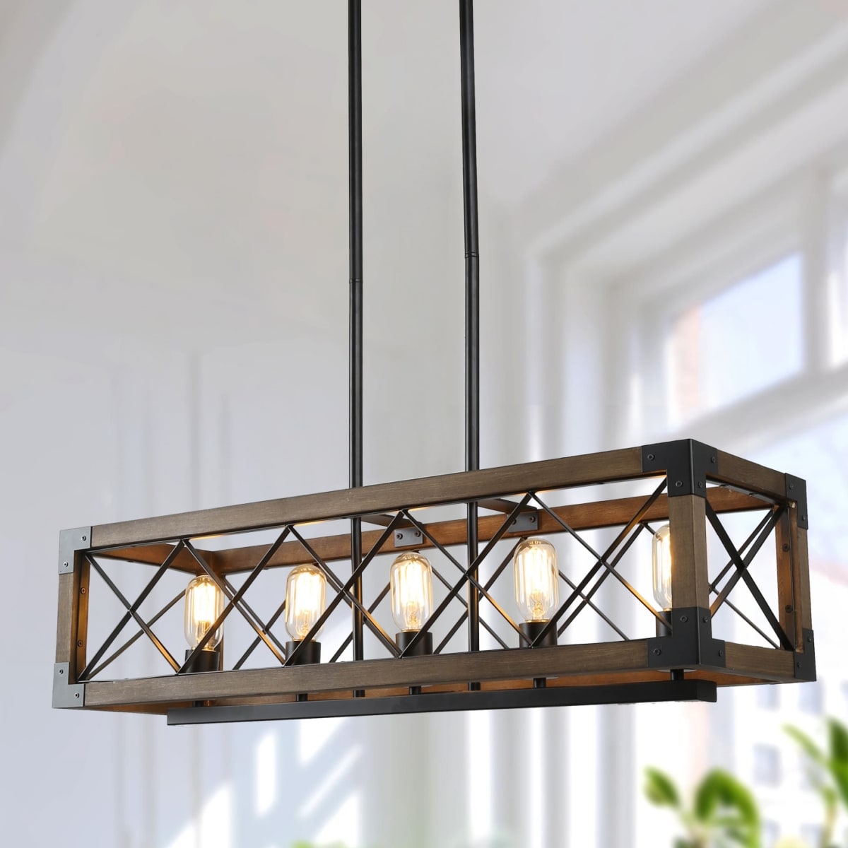 LNC Laban 5-Light Distressed Brown Farmhouse Led Cage WoodChandelier ...