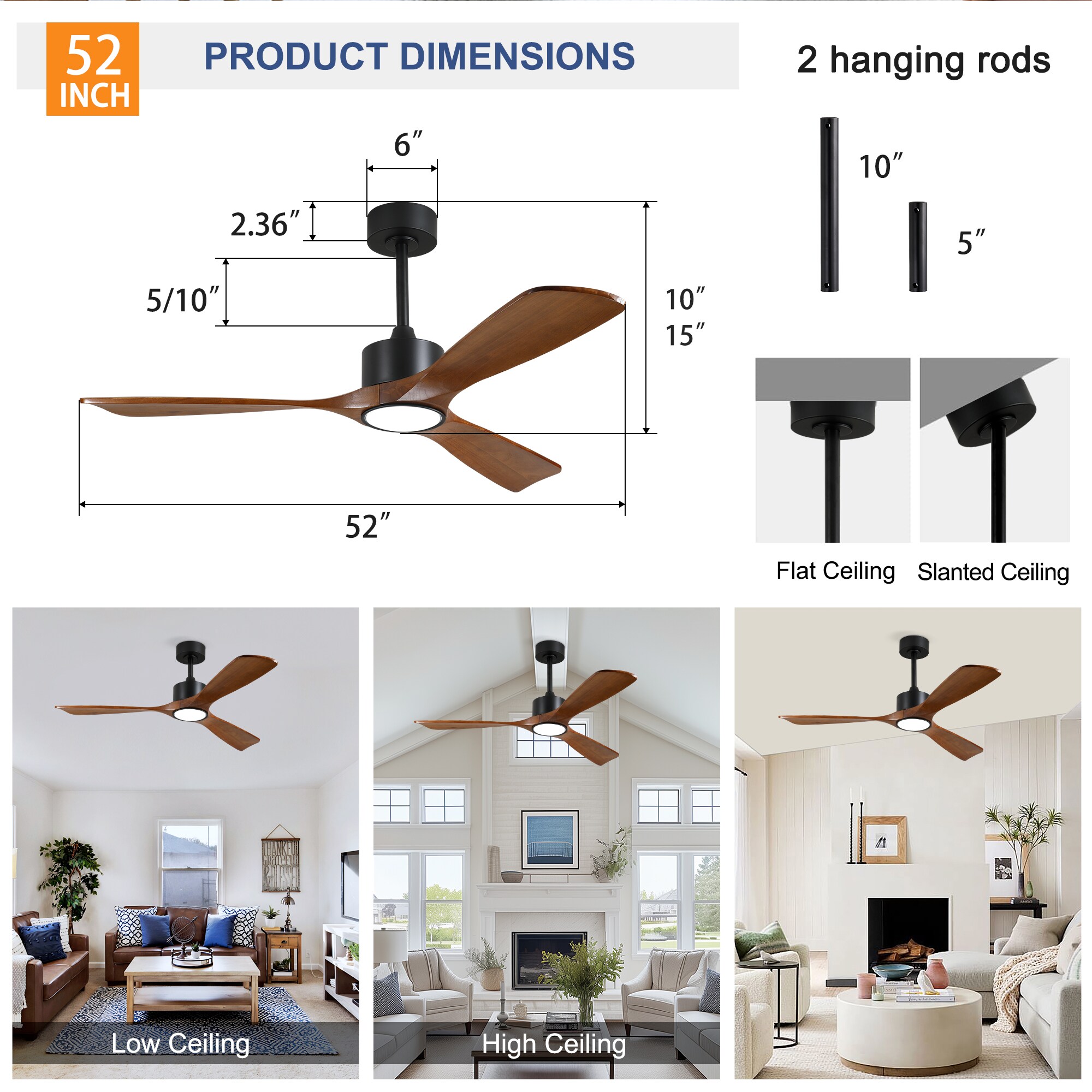 LUXEYARD Rod Solid Wood Ceiling Fan With Light Kit Dimmable LED DC ...