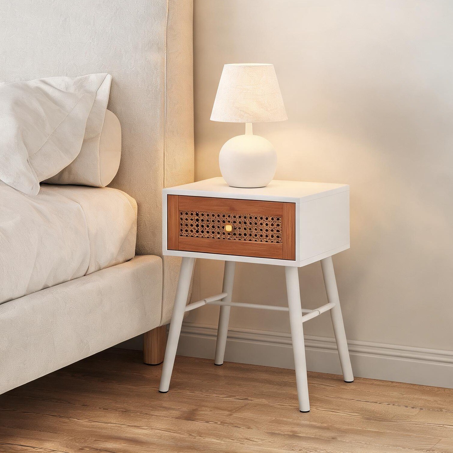 Tammesy White Finish Mid-Century Modern Rattan Nightstand with Drawer ...